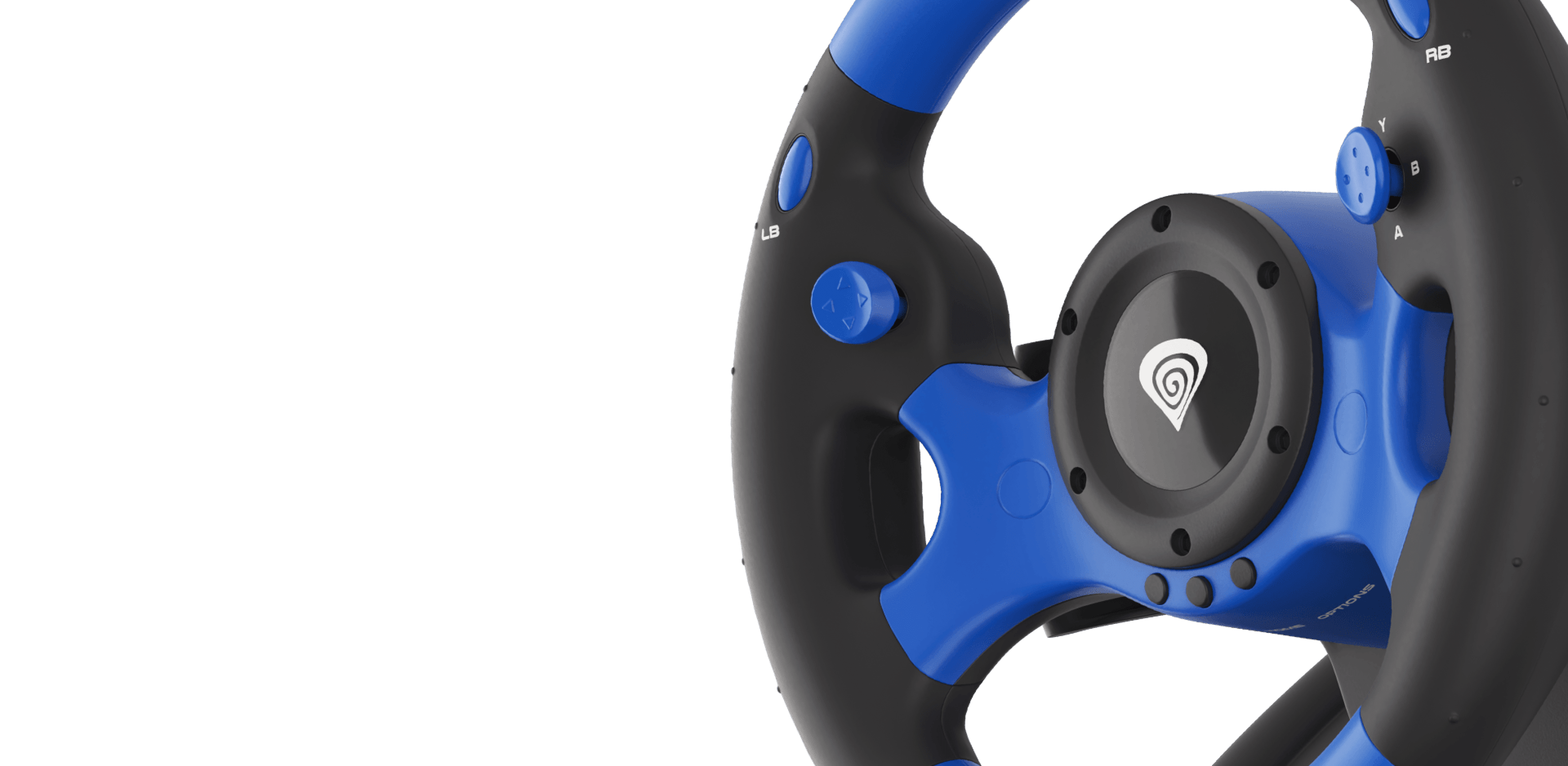 Multiplattform-Gaming-Lenkrad in Blau und Schwarz, mit Tasten und Griffen für ein verbessertes Spielerlebnis