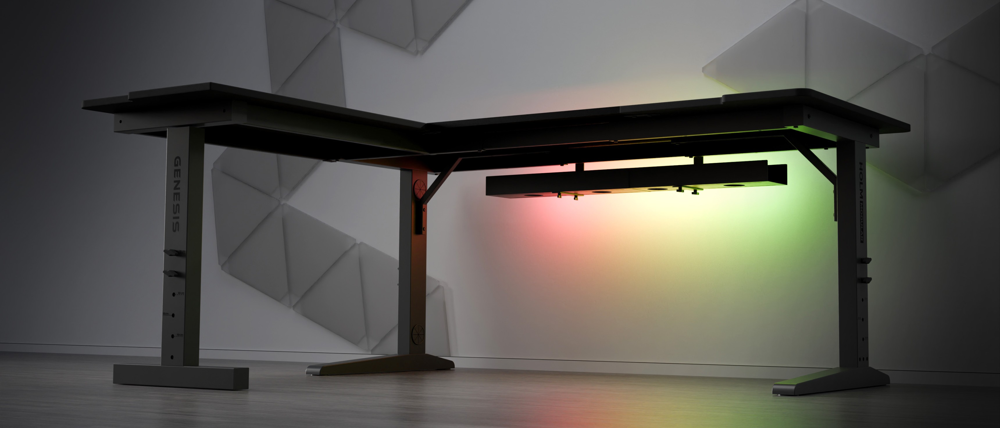 Eck-Gaming-Desk-Set Genesis Holm Modular 160, mit schlankem Design und LED-Beleuchtung an der Unterseite