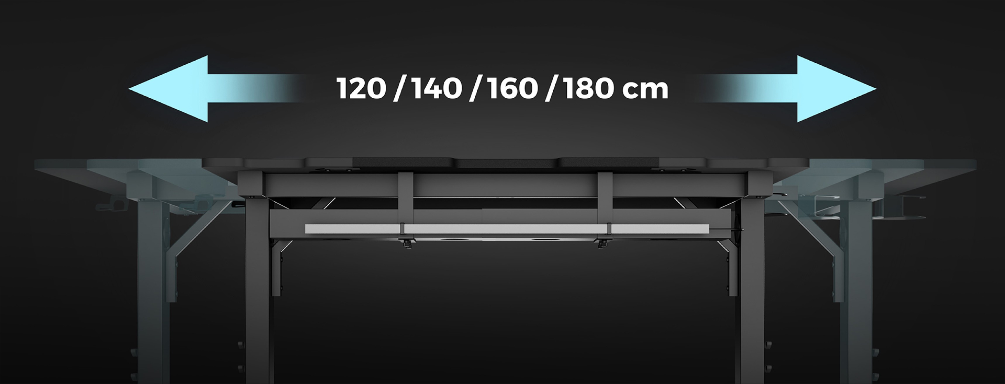 Modularer Gaming-Tisch mit verstellbaren Größen: 120/140/160/180 cm, mit einem robusten Design und moderner Ästhetik