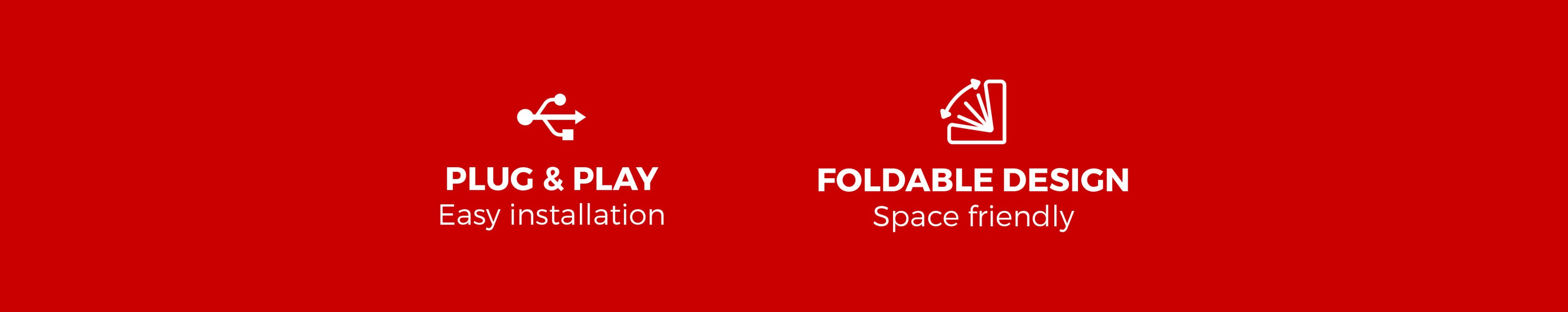 Icons, die die Eigenschaften des Genesis Tin 300 Ladegeräts hervorheben: "Plug &amp; Play" für eine einfache Installation und "Faltbares Design" für Platzersparnis