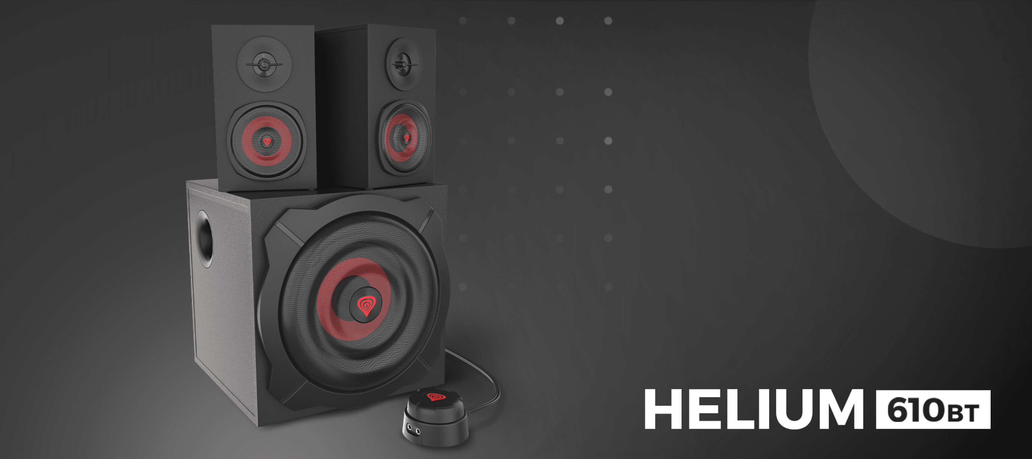 Schwarze Genesis Helium 610BT-Lautsprecher mit 2.1-System und Kabelfernbedienung, ausgelegt für 60 W RMS-Leistung