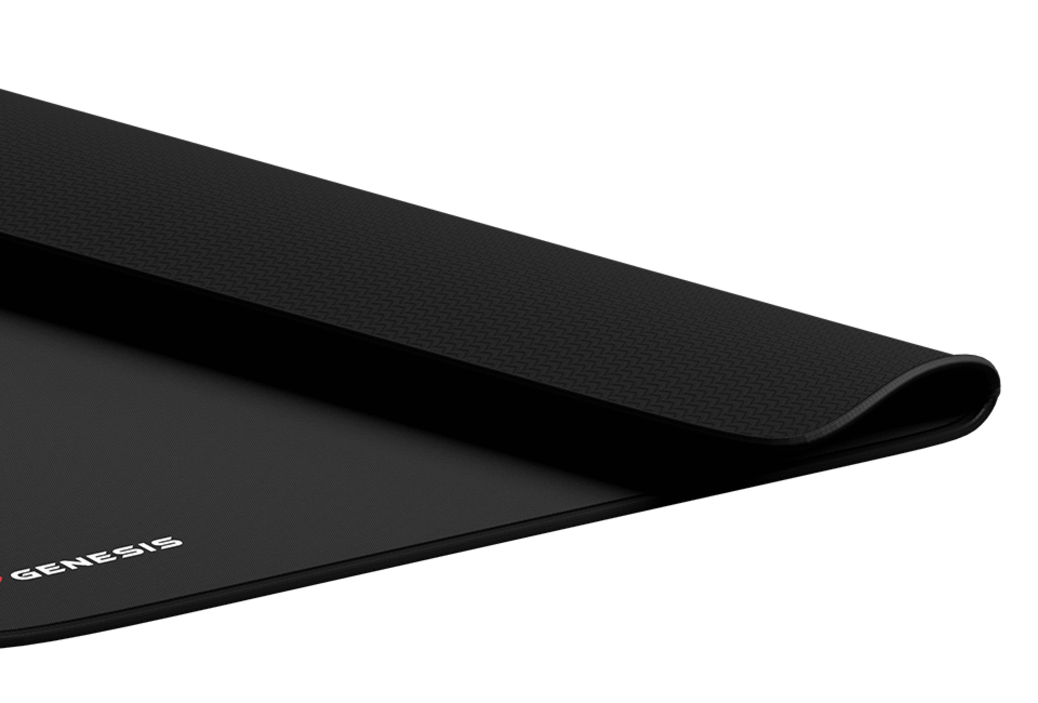 Schwarzes Mauspad mit strukturierter Oberfläche, mit dem Genesis-Logo und den Maßen 500x400mm