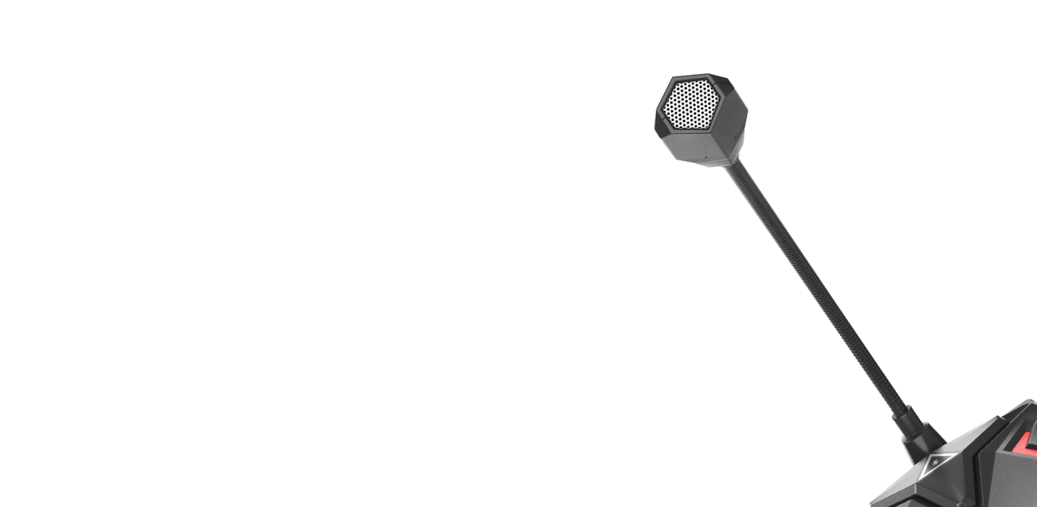 Schwarzes Mikrofon mit sechseckigem Kopf und flexiblem Arm, das auf einem Ständer steht und für Gaming oder Streaming geeignet ist.