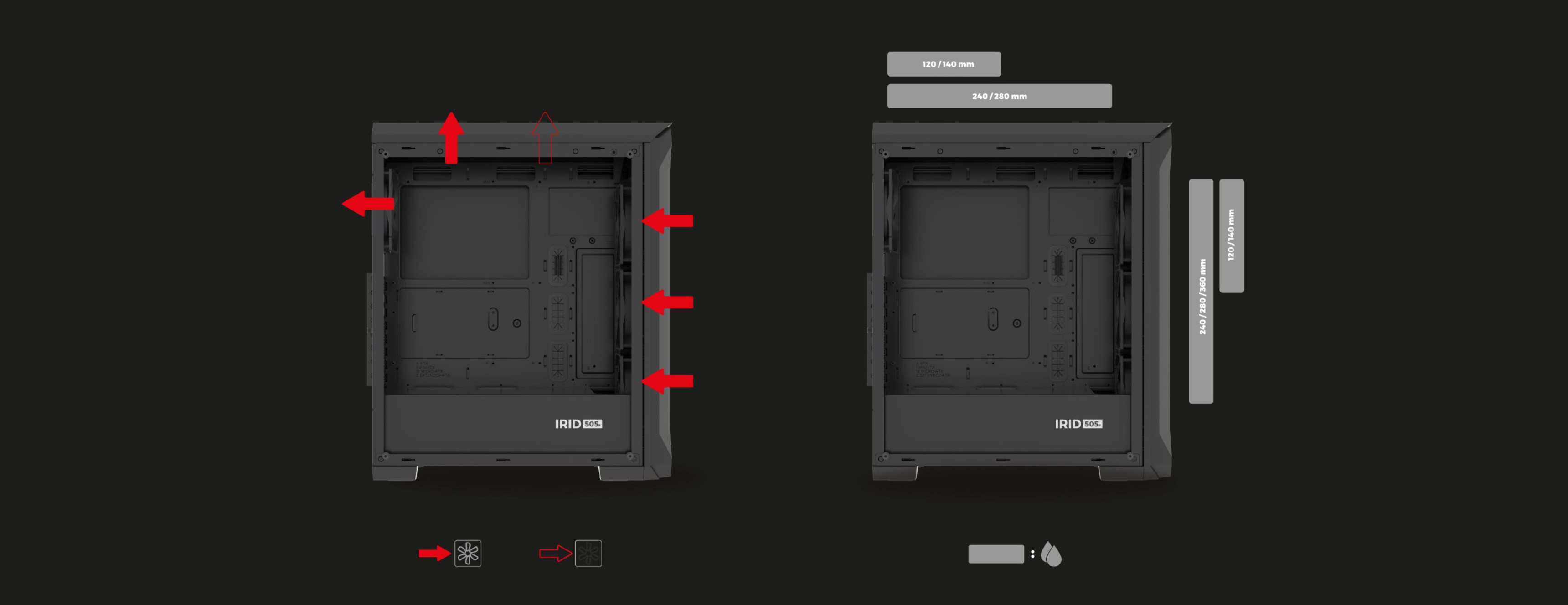 Schwarzes MIDI-Tower-Gehäuse Genesis Irid 505F mit transparentem Fenster, das die Innenaufteilung und die Befestigungspunkte der Komponenten anzeigt