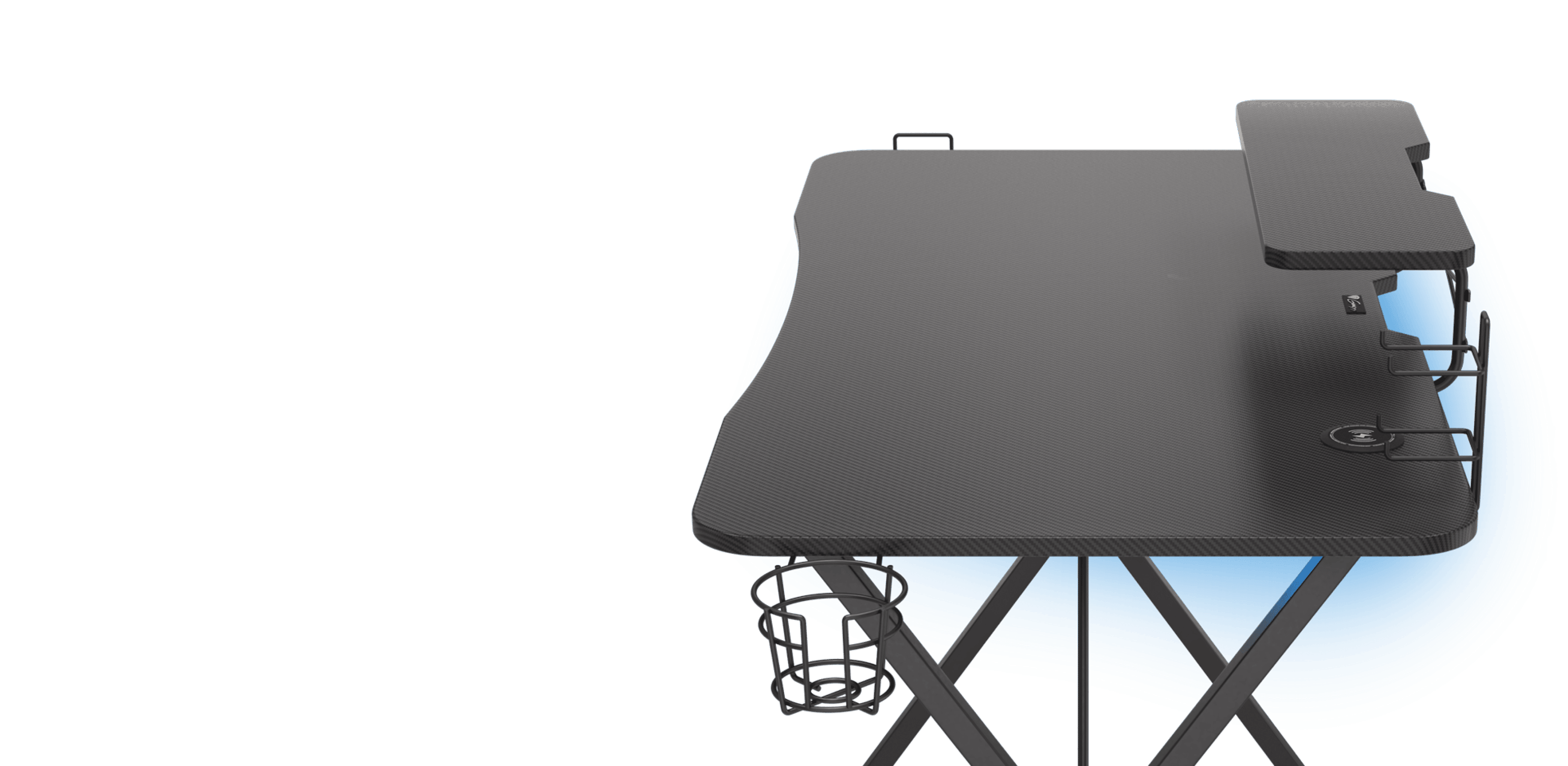 Schwarzer Gaming-Tisch mit ergonomischem Design, RGB-Beleuchtung und Stauraum für Zubehör