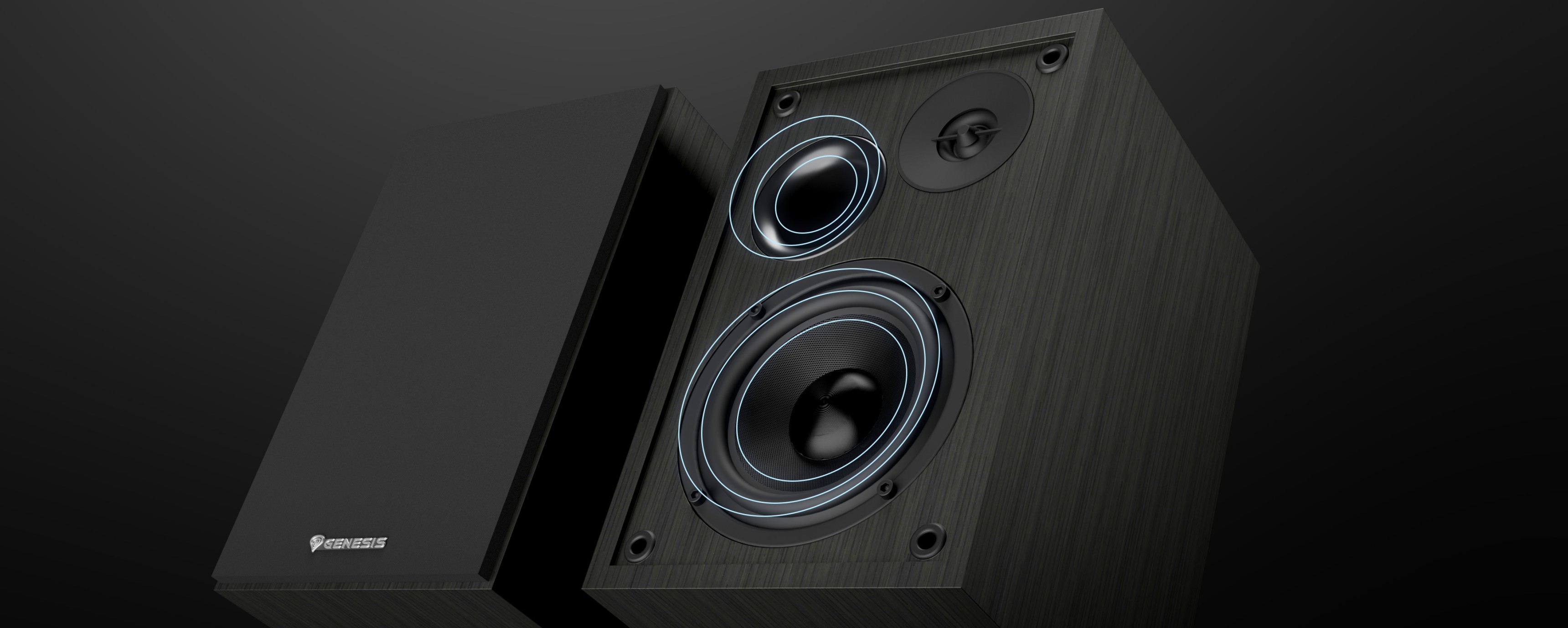Schwarze Genesis Arsen 302BT 2.0 Lautsprecher mit Doppeltreibern und schlankem Design, perfekt für den Audiogenuss