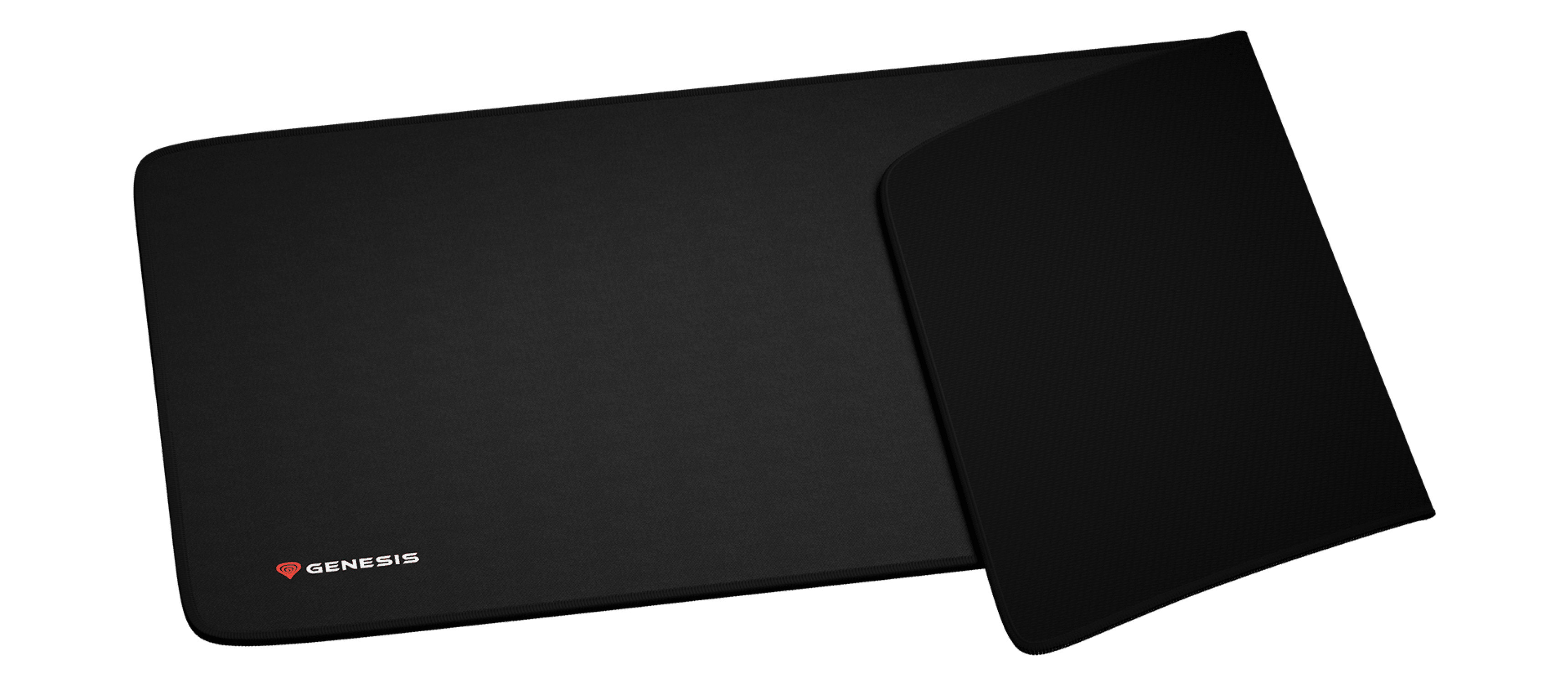 Großes schwarzes Gaming-Mauspad mit glatter Oberfläche und einem Ecklogo. Abmessungen: 900x450mm