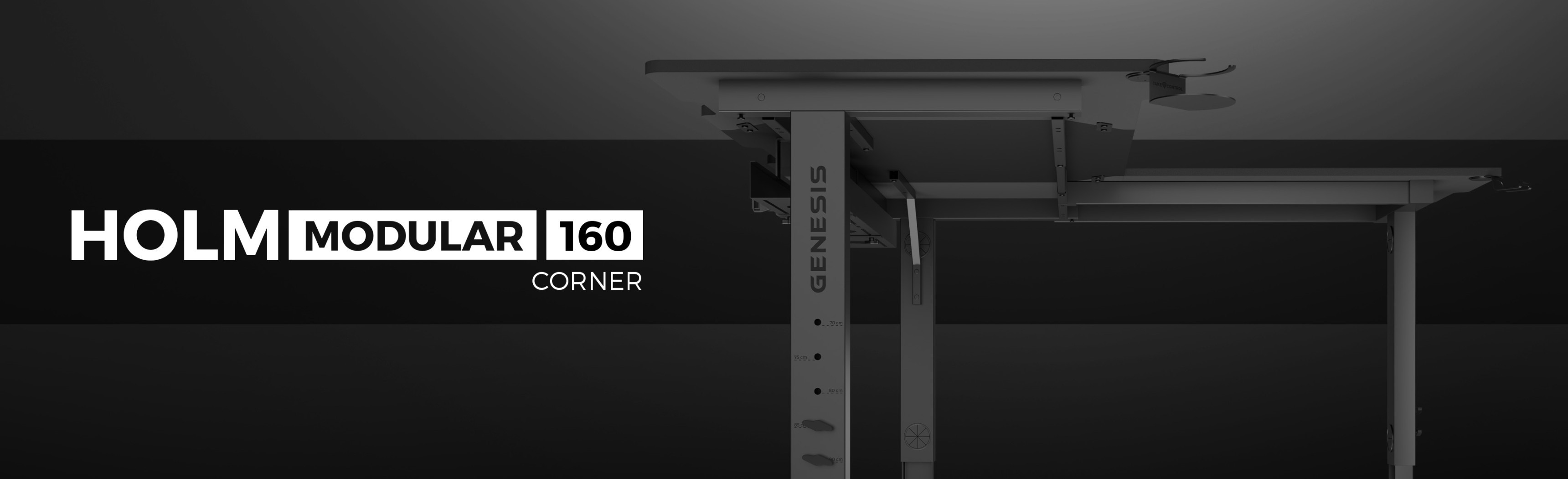 Eck-Gaming-Desk mit schlankem Design, stabilem Rahmen und modularem Aufbau, bezeichnet als GENESIS HOLM MODULAR 160