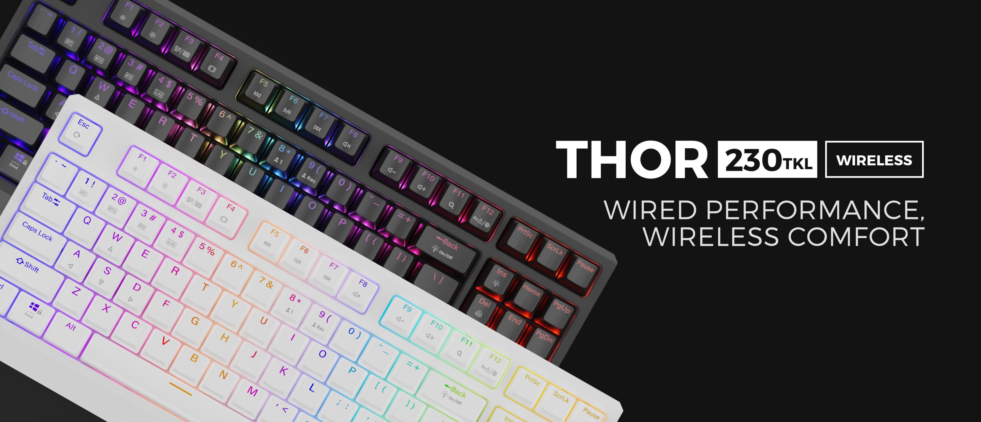 Kabellose mechanische Gaming-Tastatur mit RGB-Hintergrundbeleuchtung im kompakten TKL-Design in Schwarz und Weiß