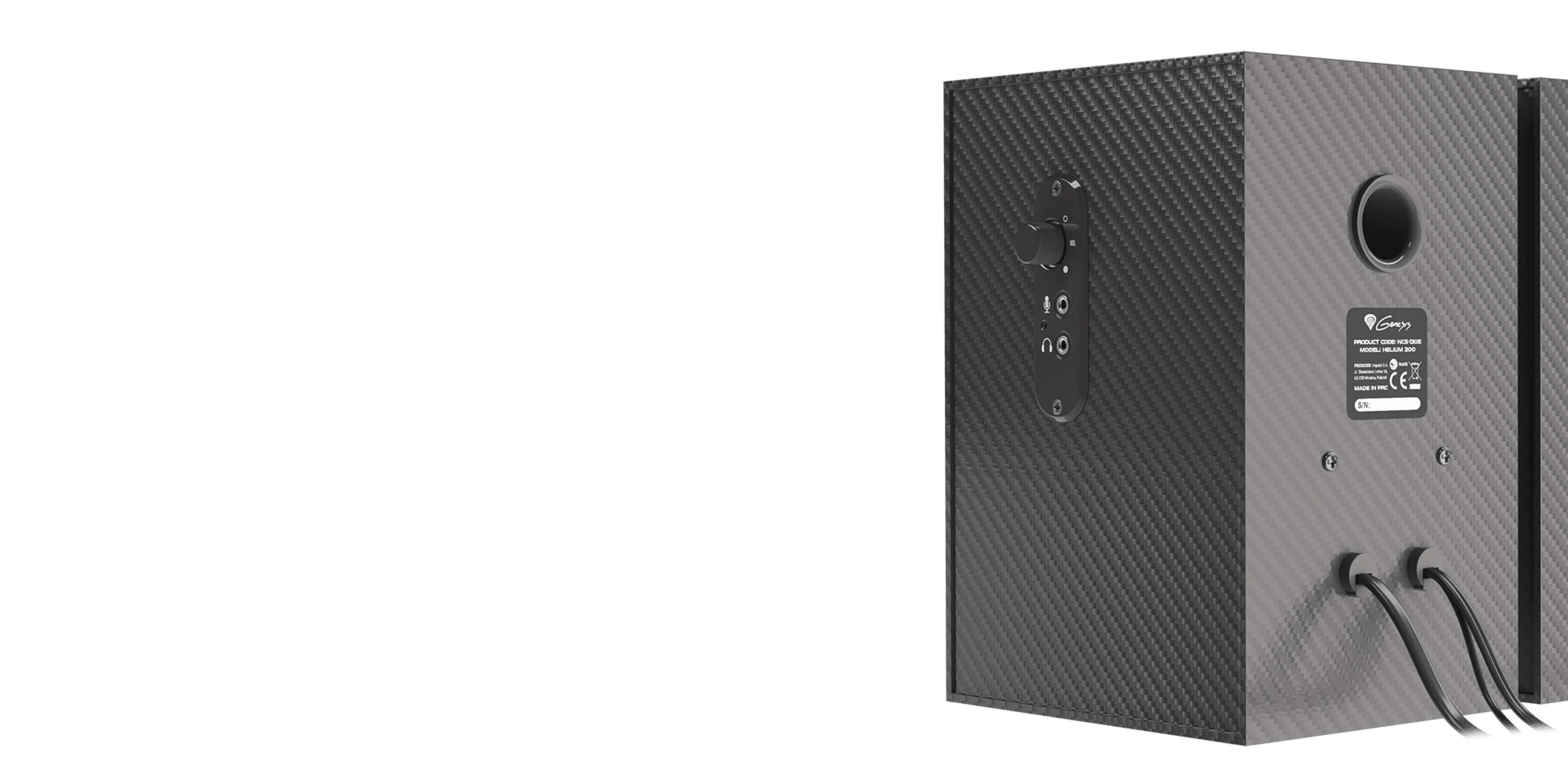 Schwarze Genesis Helium 200 2.0-Lautsprecher in der Rückansicht mit Bedienelementen und Anschlussbuchsen