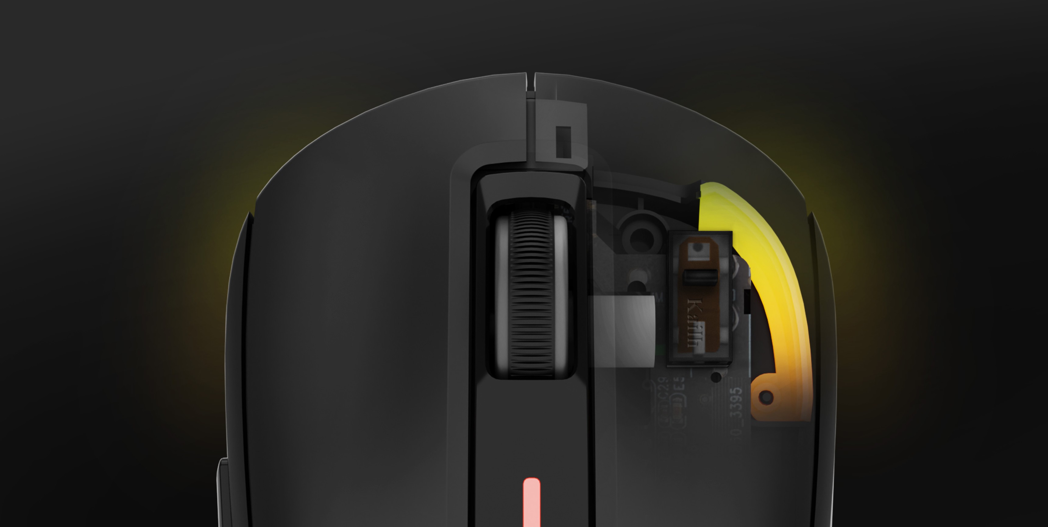 Nahaufnahme der kabellosen Gaming-Maus Genesis Zircon 660 Pro, die die internen Komponenten und die LED-Beleuchtung hervorhebt