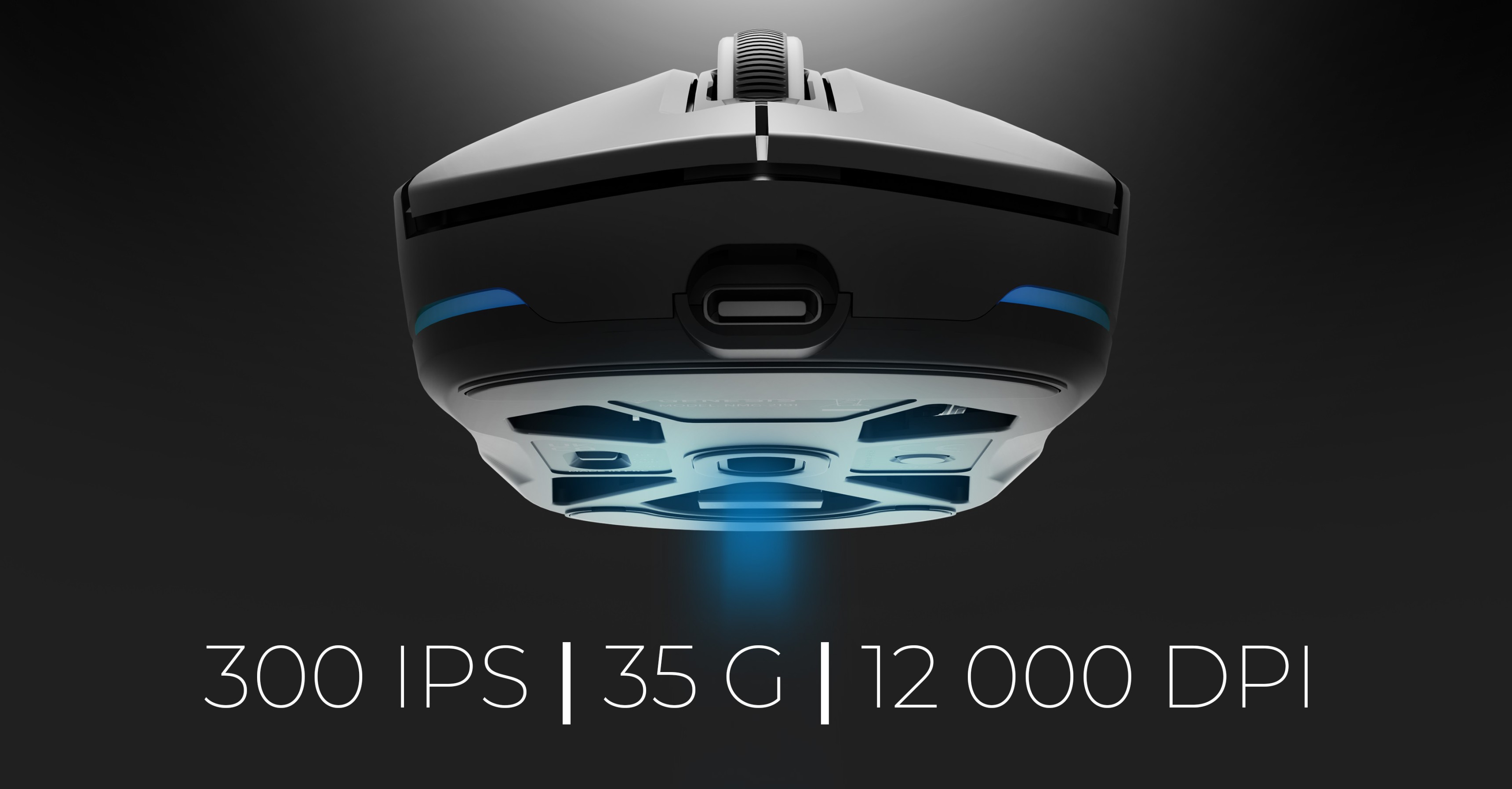 Kabellose Gaming-Maus mit schlankem Design, die über folgende Eigenschaften verfügt: 300 IPS, 35 G und 12.000 DPI