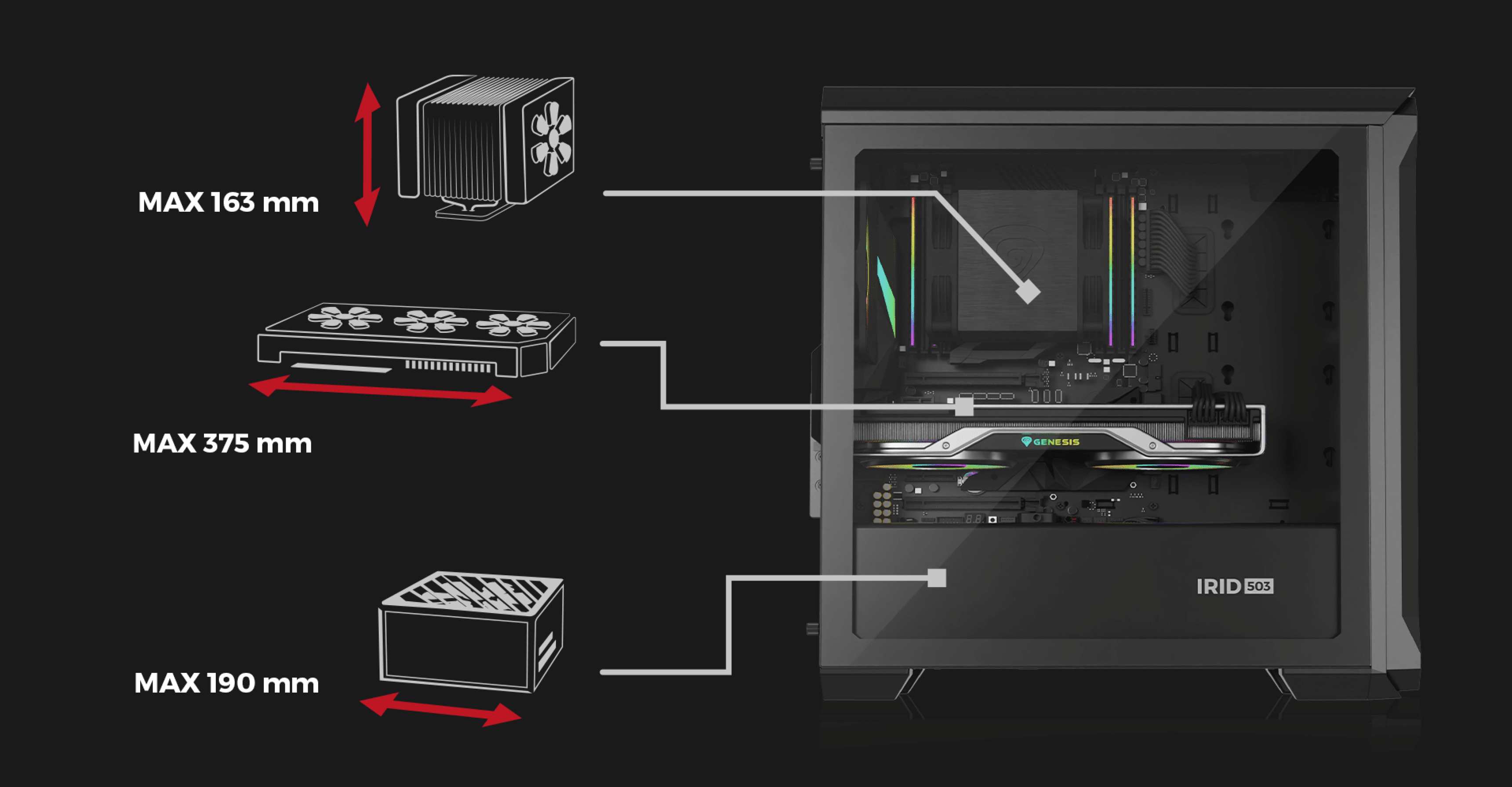 Schwarzes Genesis Irid 503 ARGB V2 MATX Mini-Tower-Gehäuse mit abgebildeten internen Komponenten und maximalen Höhen- und Längenangaben
