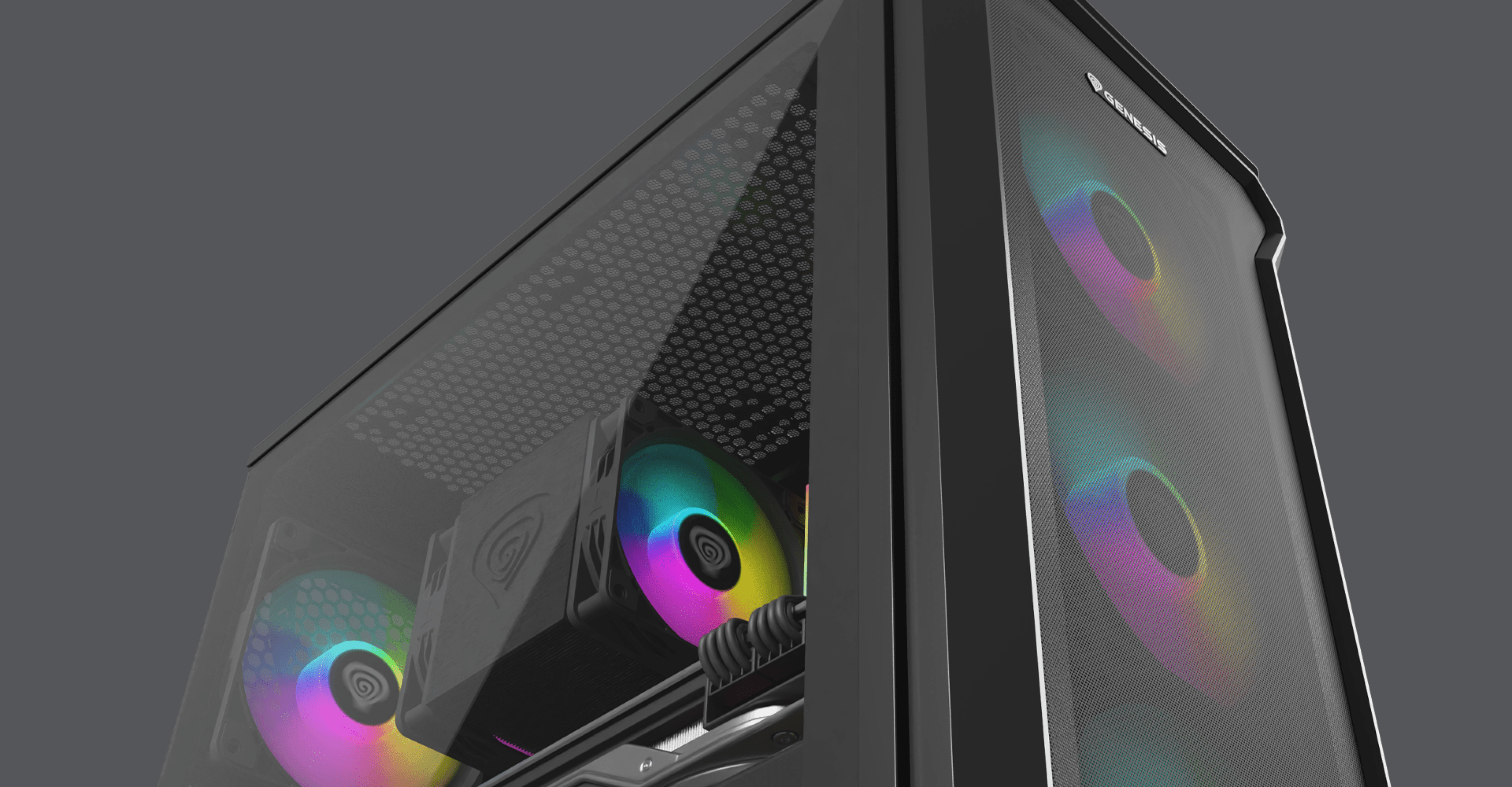 Schwarzes Mini-Tower-PC-Gehäuse, Genesis Irid 503 ARGB V2, mit transparenter Seitenwand und bunten RGB-Lüftern