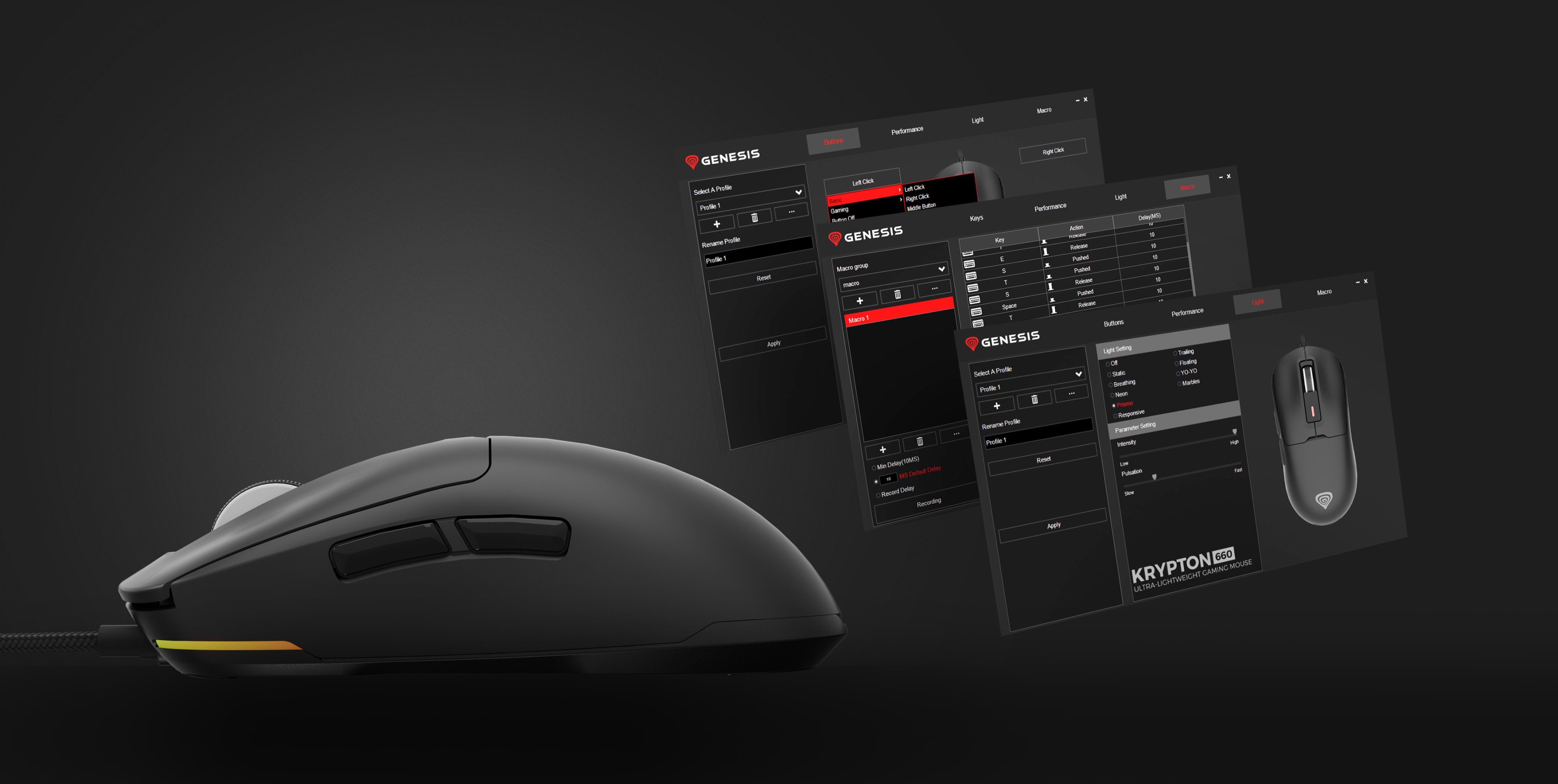 Schwarze Gaming-Maus mit RGB-Beleuchtung, die anpassbare DPI-Einstellungen und die Softwareoberfläche auf einem dunklen Hintergrund anzeigt