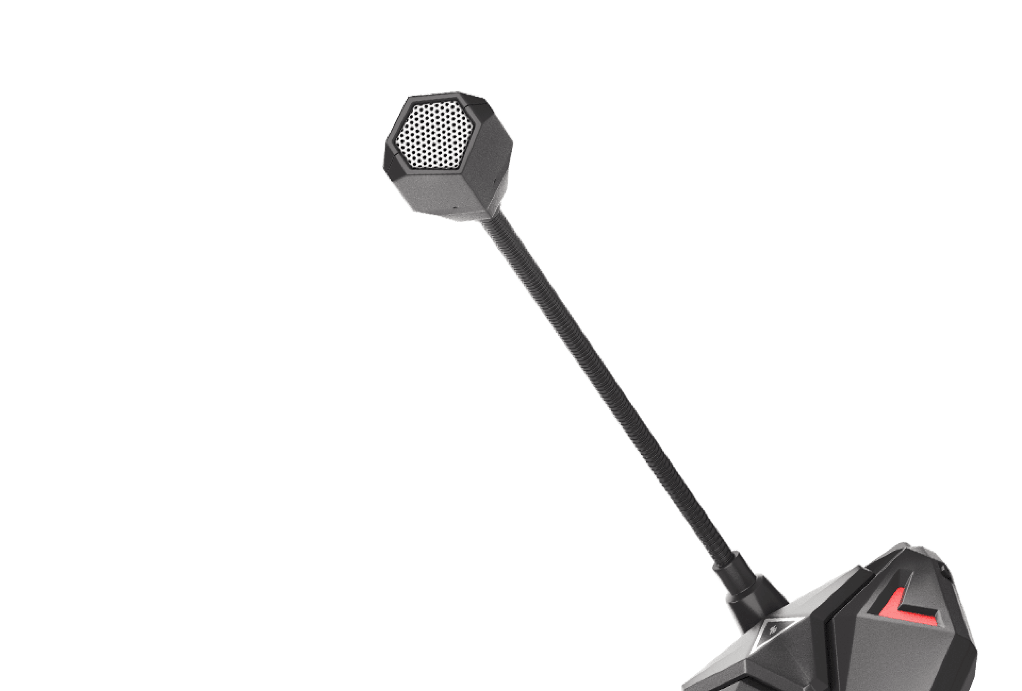 Schwarzes Mikrofon mit einem sechseckigen Netzkopf und einem langen verstellbaren Arm, entwickelt für klare Audioaufnahmen