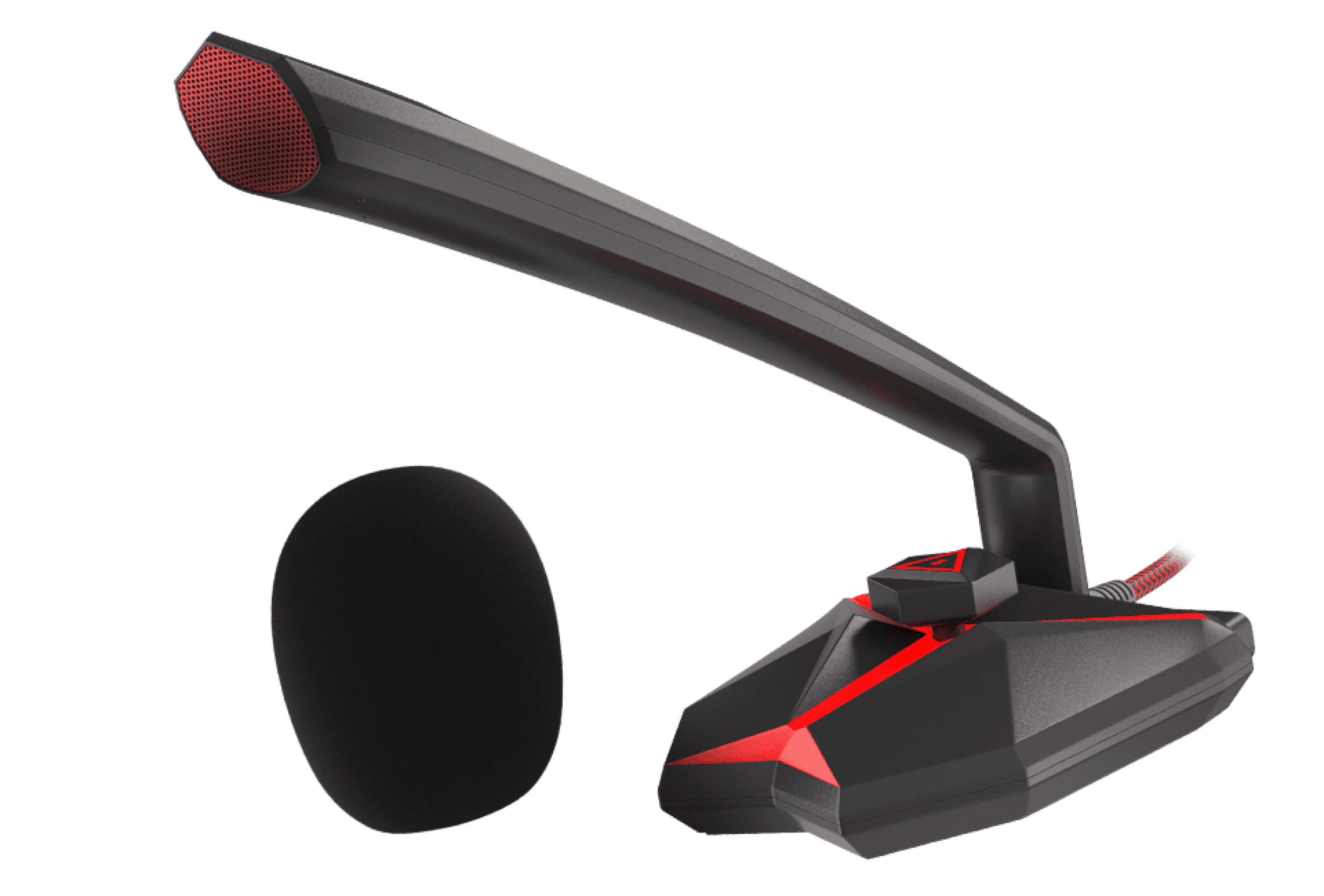 Schwarz-rotes Gaming-Mikrofon mit flexiblem Arm und separatem runden Pop-Filter