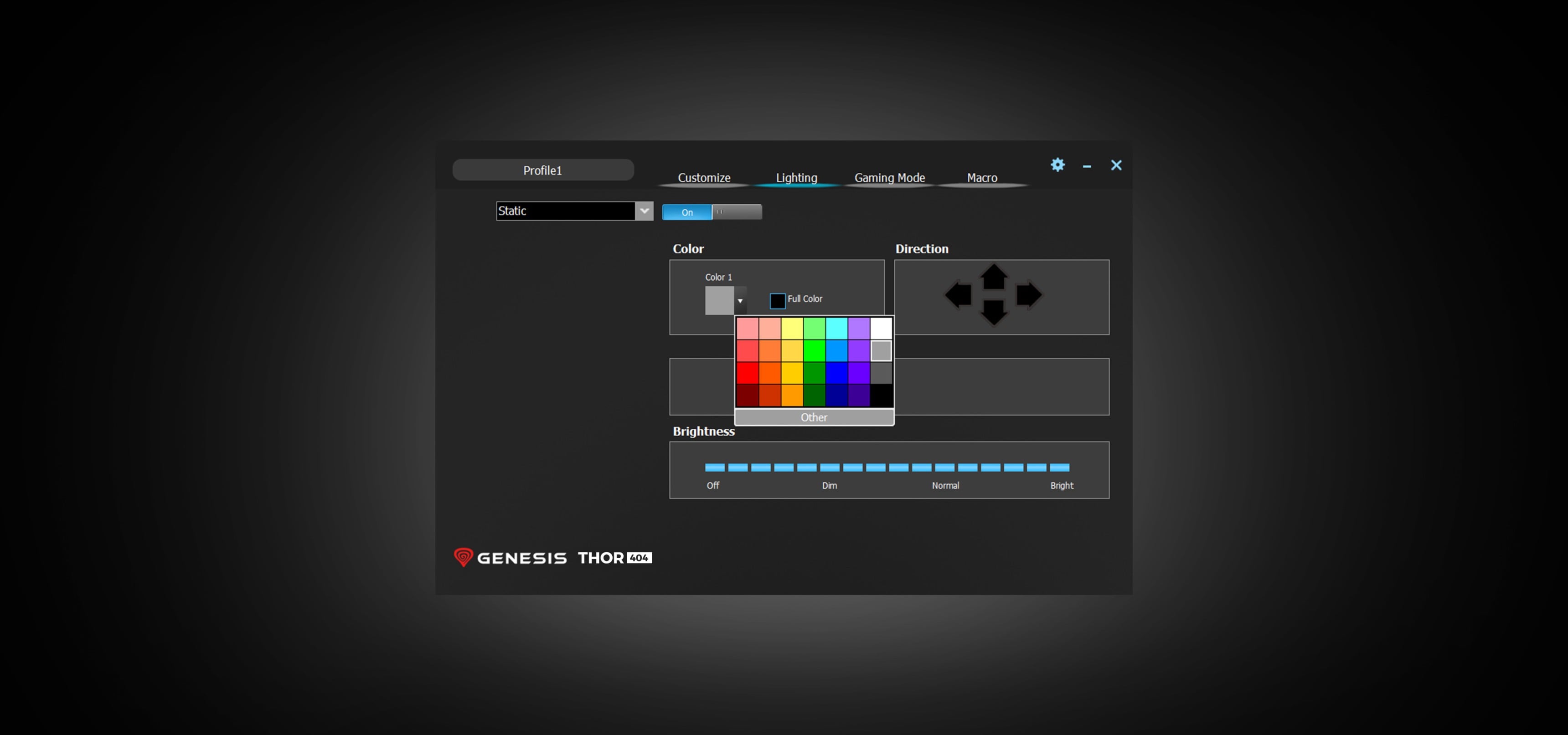 Software-Schnittstelle zur Anpassung der RGB-Beleuchtung der mechanischen Gaming-Tastatur Genesis Thor 404. Verfügt über eine Farbpalette und Helligkeitseinstellungen