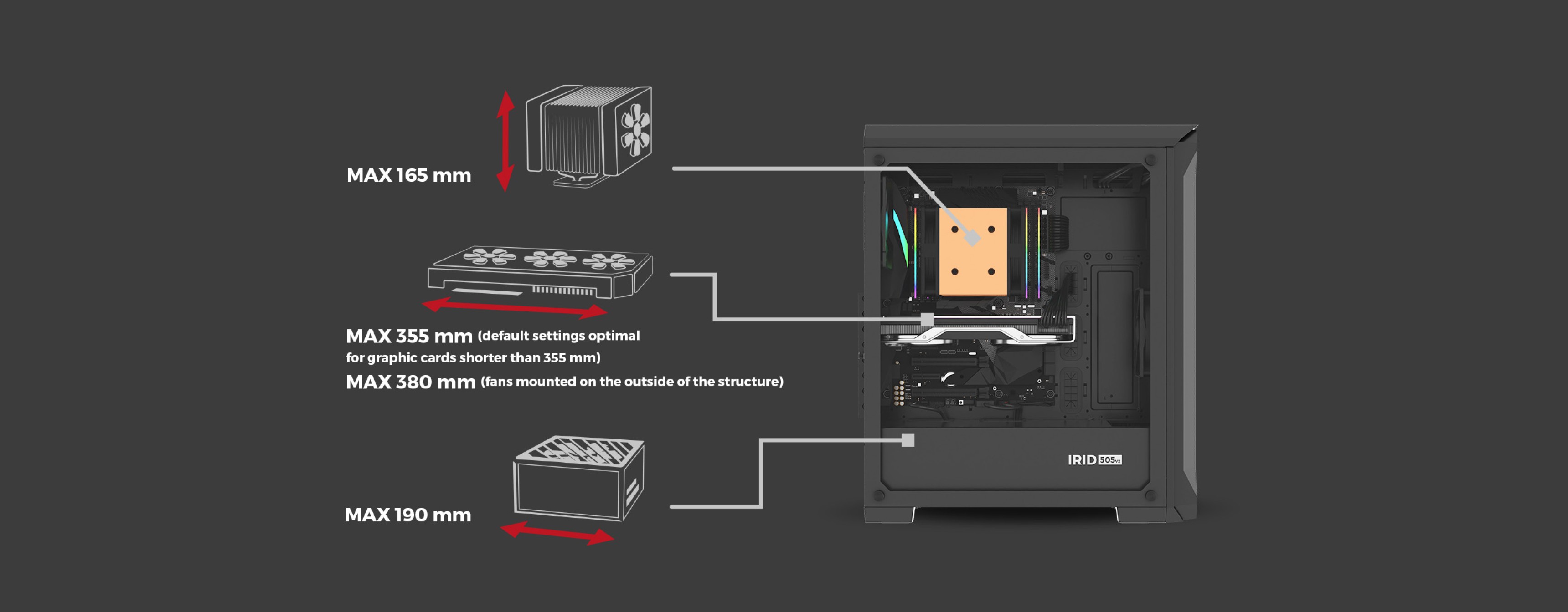 MIDI-Tower-Gehäuse mit Fenster, mit Angaben zu den maximalen Komponentengrößen: Abmessungen des CPU-Kühlers, der GPU und des Netzteils