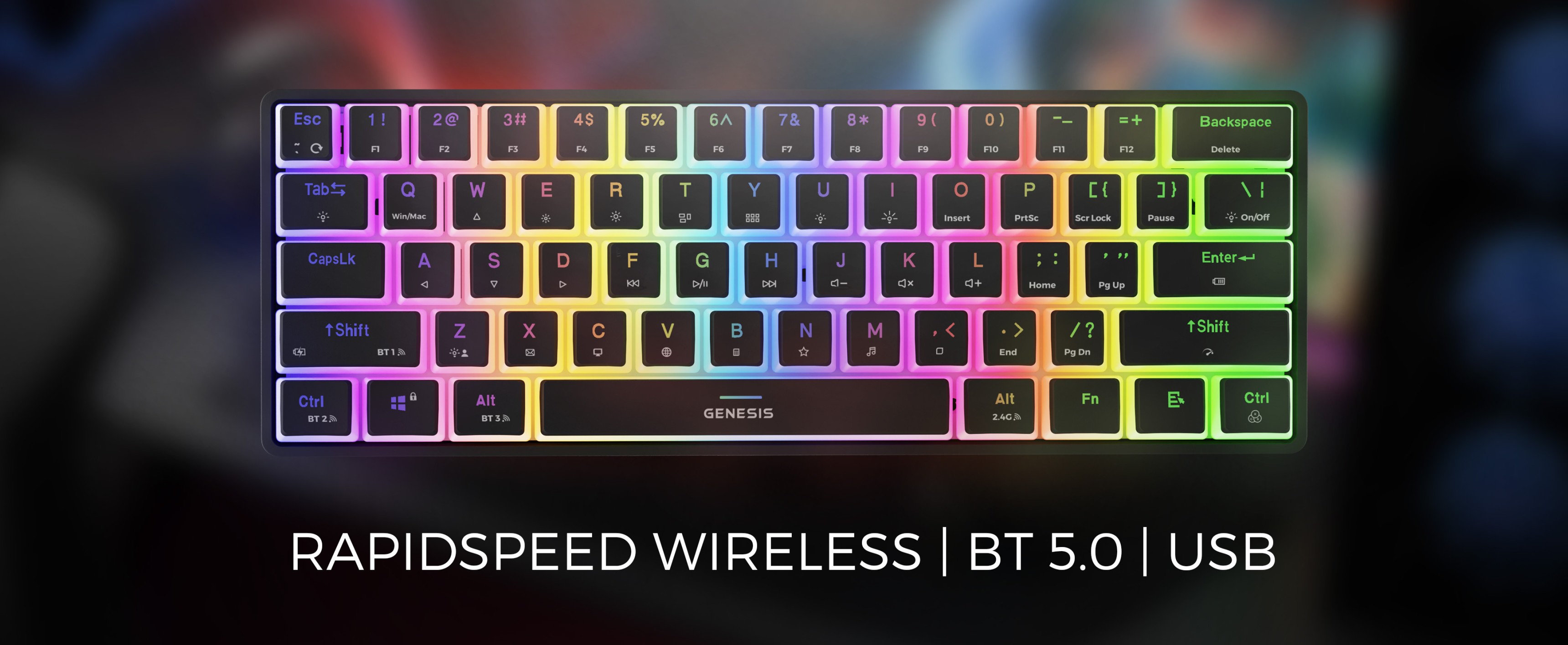 Kabellose mechanische RGB-Tastatur mit Gateron Red-Schaltern, die sich durch ein farbenfrohes Design mit Hintergrundbeleuchtung und Anschlussmöglichkeiten wie Bluetooth 5.0 und USB auszeichnet