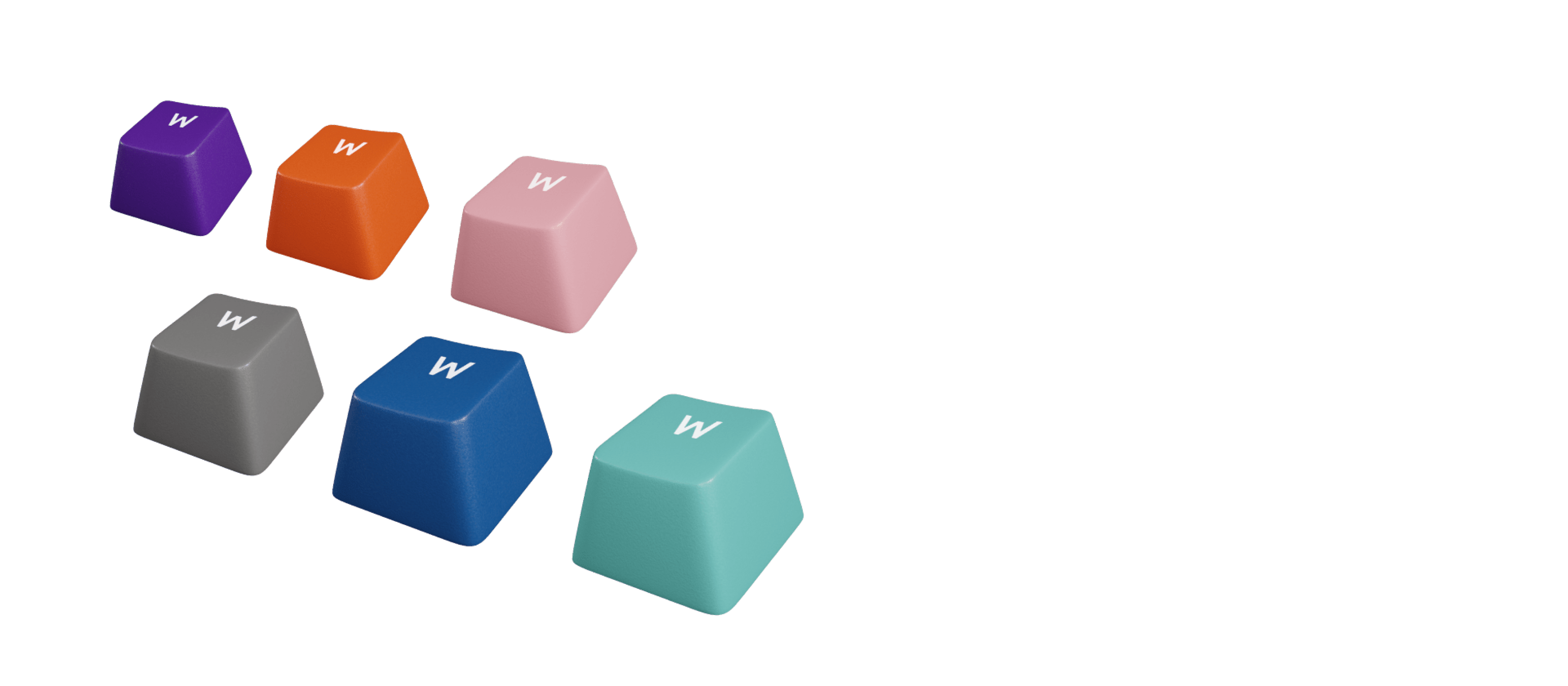 Bunte Double Shot Keycaps in verschiedenen Farben: lila, orange, pink, grau, blau und türkis, mit dem Buchstaben "W".