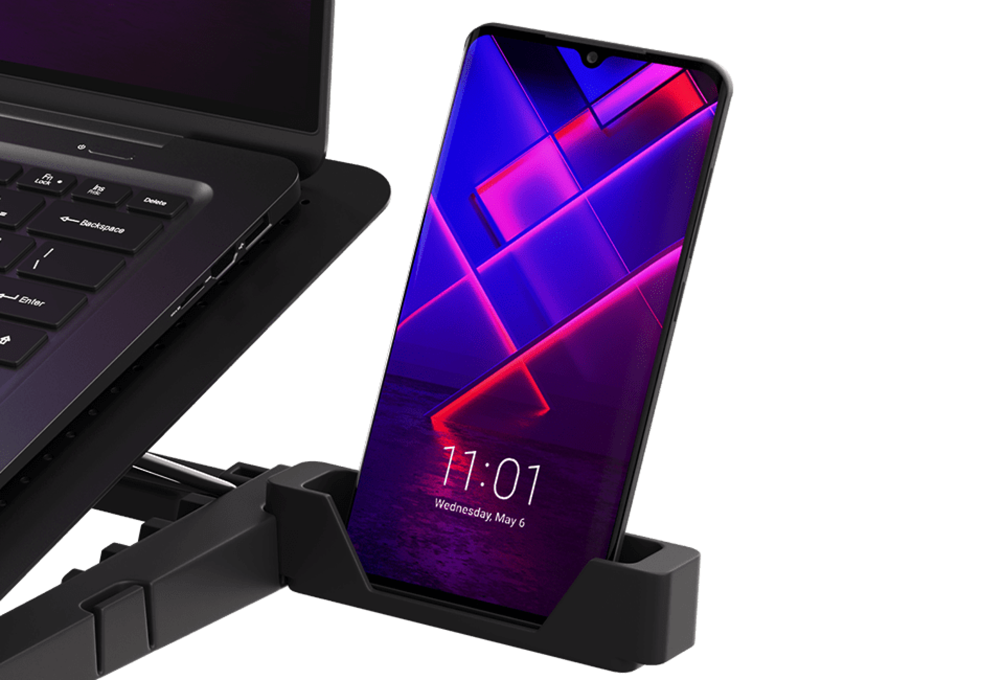 Laptop-Kühlkissen mit RGB-Beleuchtung, Ventilator und zwei USB-Anschlüssen; mit Halterung für ein Smartphone