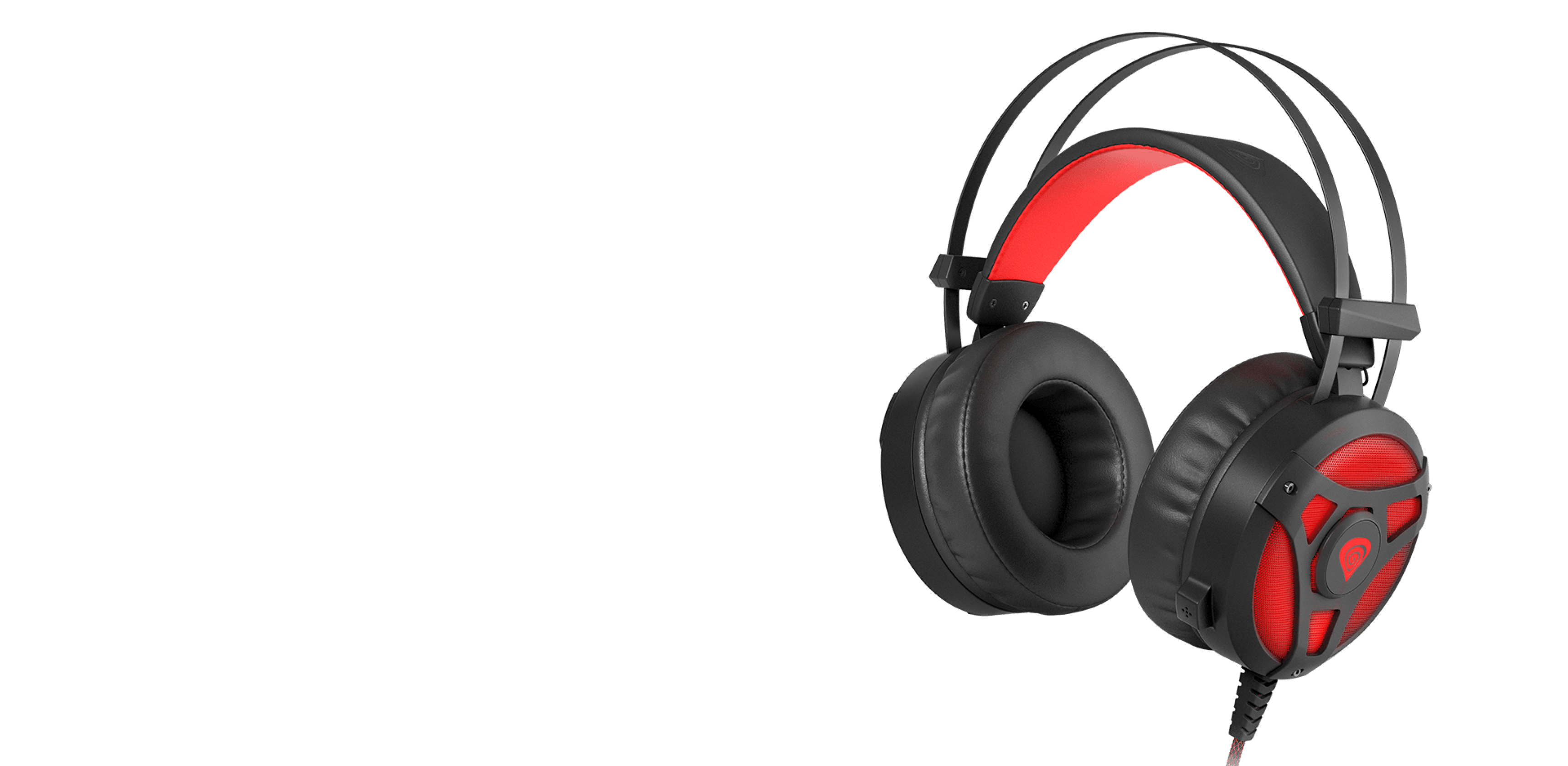 Schwarzer und roter Over-Ear-Kopfhörer mit eingebautem Mikrofon und LED-Beleuchtung