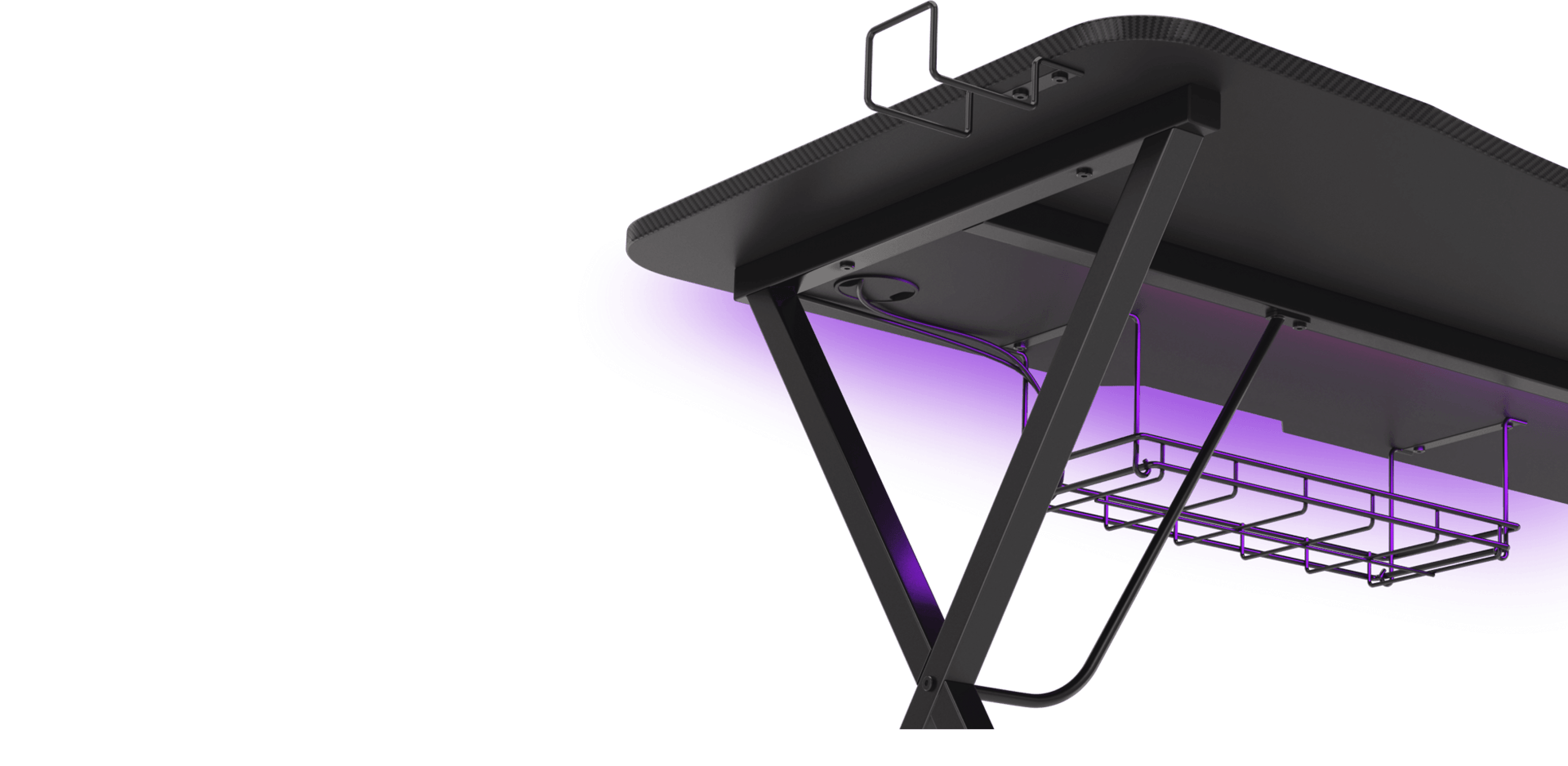 Schwarzer Gaming-Tisch mit RGB-Lichtleiste an der Unterseite, Kabelmanagement und stabilen Metallfüßen