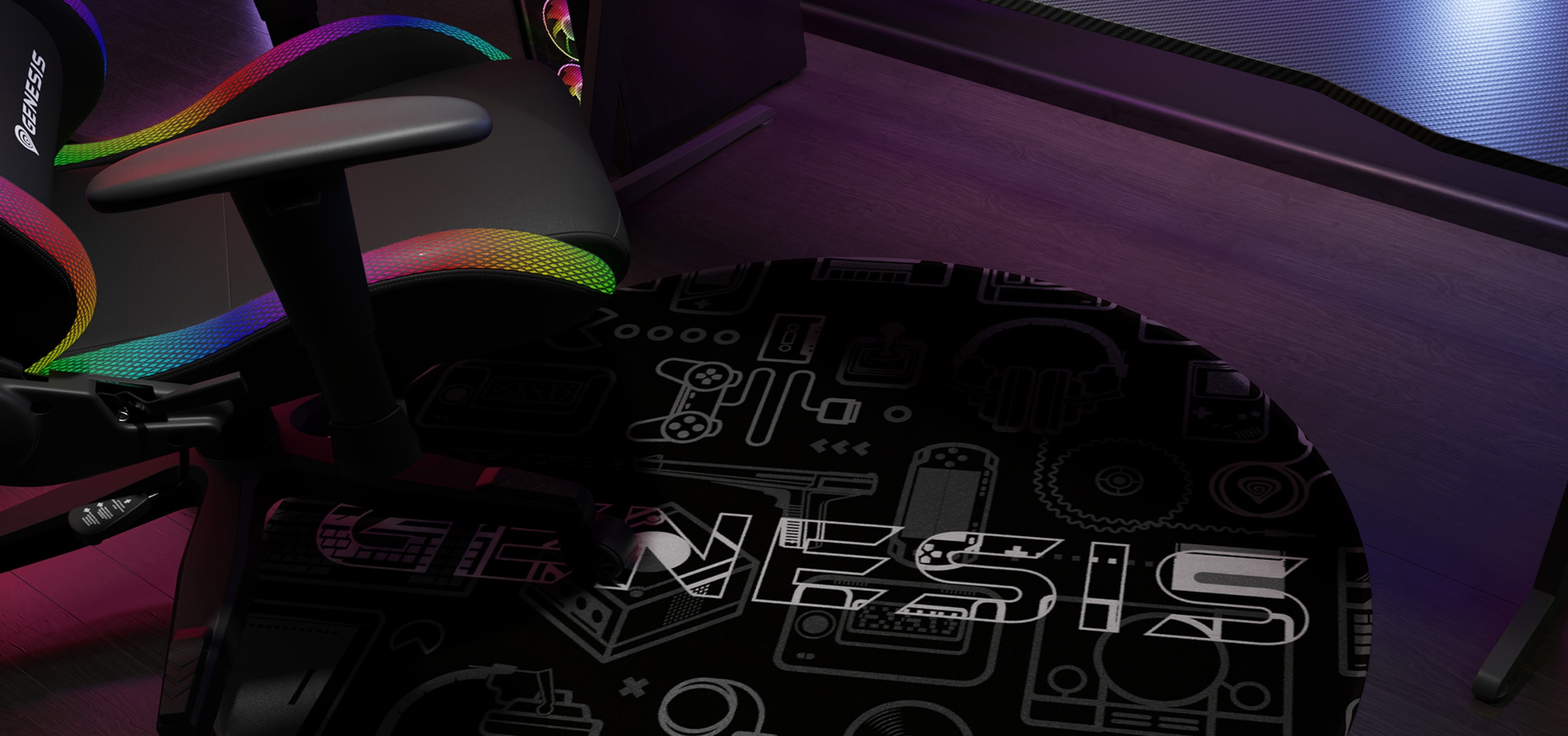 Schutzmatte unter dem Genesis Tellur Gaming-Stuhl, mit schwarzem Design und verschiedenen Gaming-Grafiken