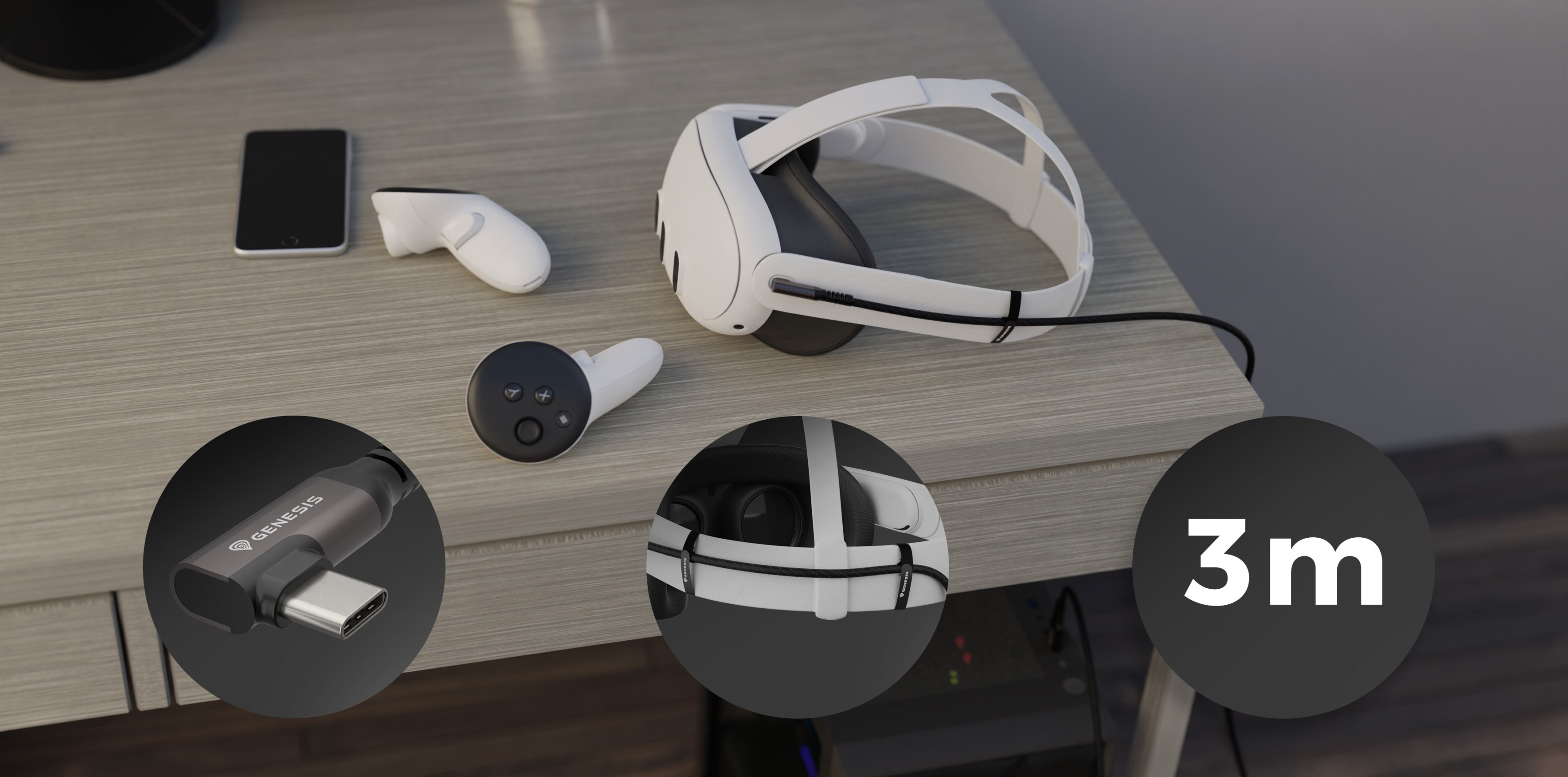 USB-C-auf-USB-A-Kabel (3 m), das auf einem Schreibtisch mit einem Smartphone, drahtlosen Ohrhörern und einem VR-Headset angezeigt wird. Mit 5 GB/s Datenübertragung und 15 W Leistungsabgabe
