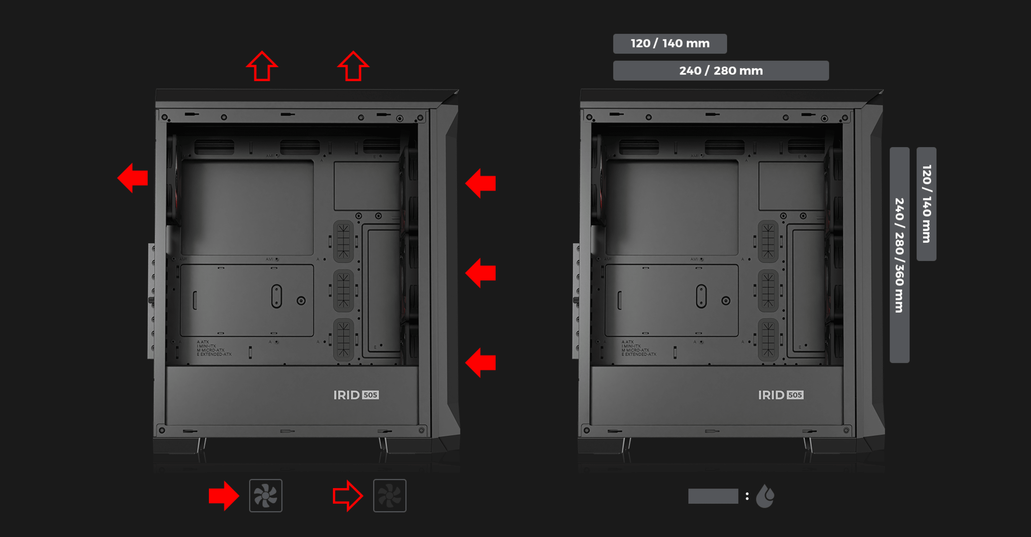 Schwarzes Genesis Irid 505 ARGB V2 Midi-Tower-Gehäuse mit Klarsichtfenster, mit Optionen für die Lüfterinstallation und Details zum internen Layout