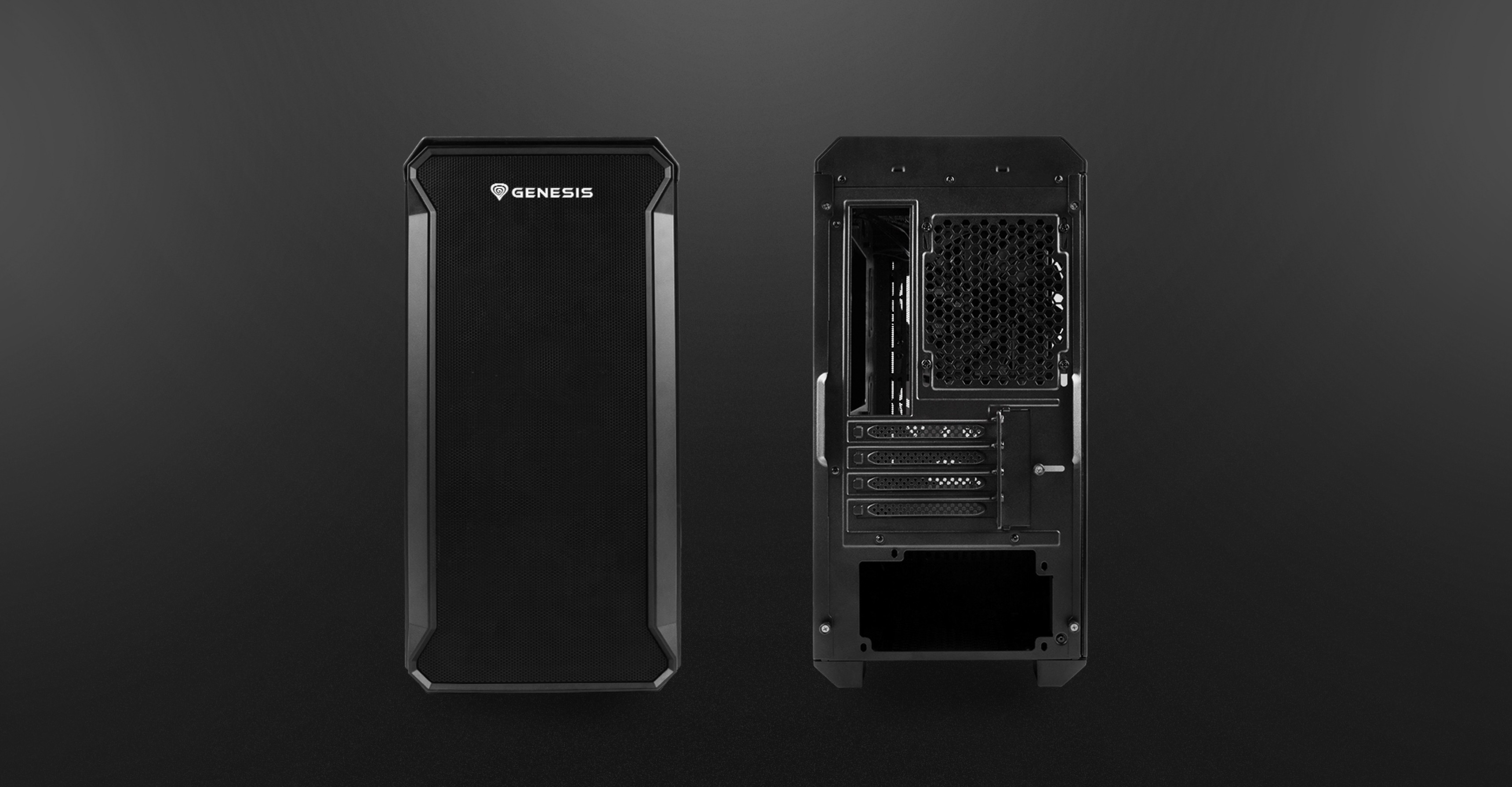 Schwarzes Genesis Irid 503 V2 MATX Mini-Tower-Gehäuse mit einer transparenten Seitenwand und mehreren Innenfächern