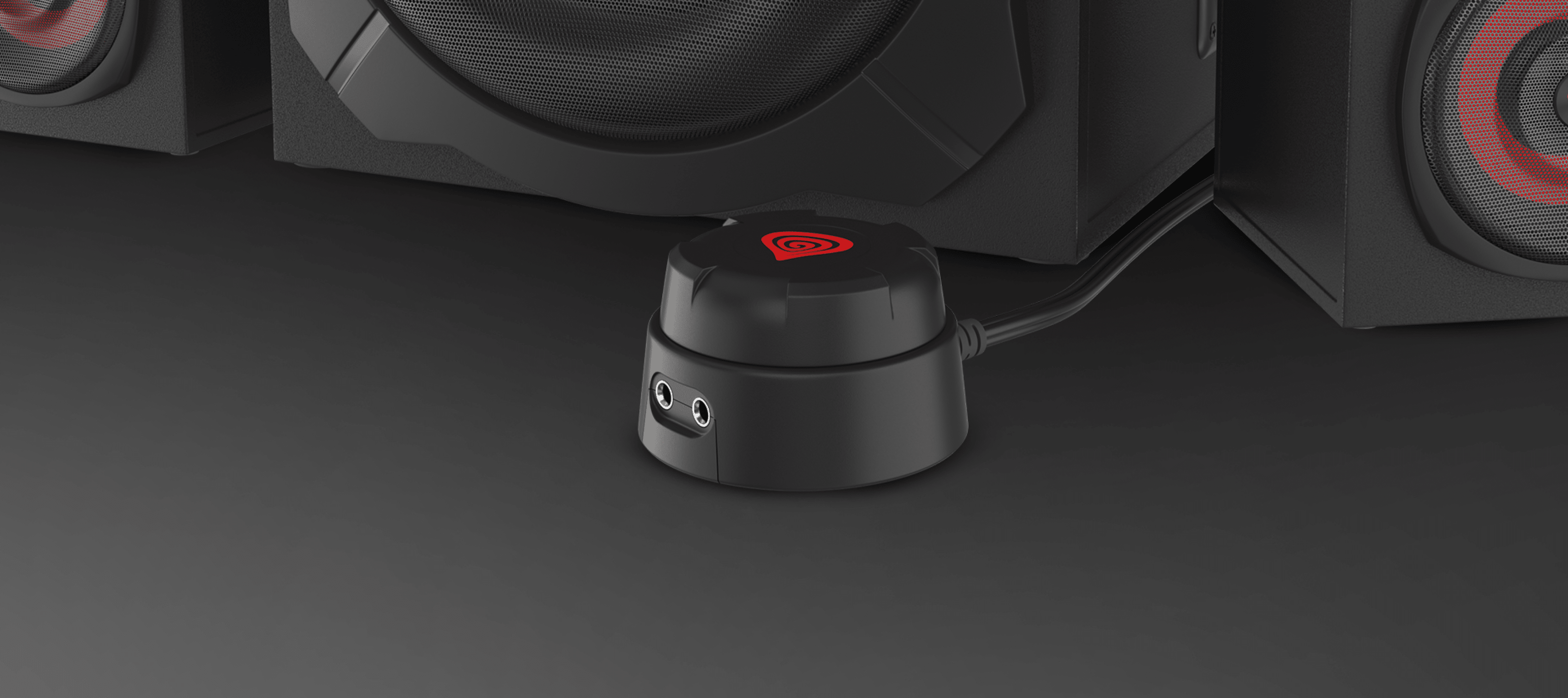 Schwarze Kabelfernbedienung für die Genesis Helium 610BT Lautsprecher mit Audioeingängen in der Nähe des Subwoofers