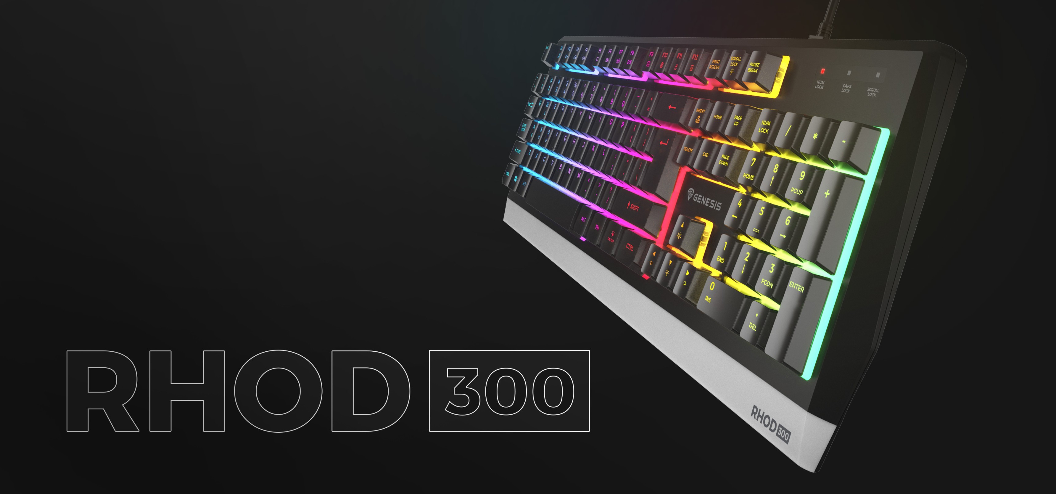 Farbenfrohe RGB-Gaming-Tastatur Genesis Rhod 300 mit beleuchteten Tasten und schräger Ansicht, die lebendige Lichteffekte zeigt