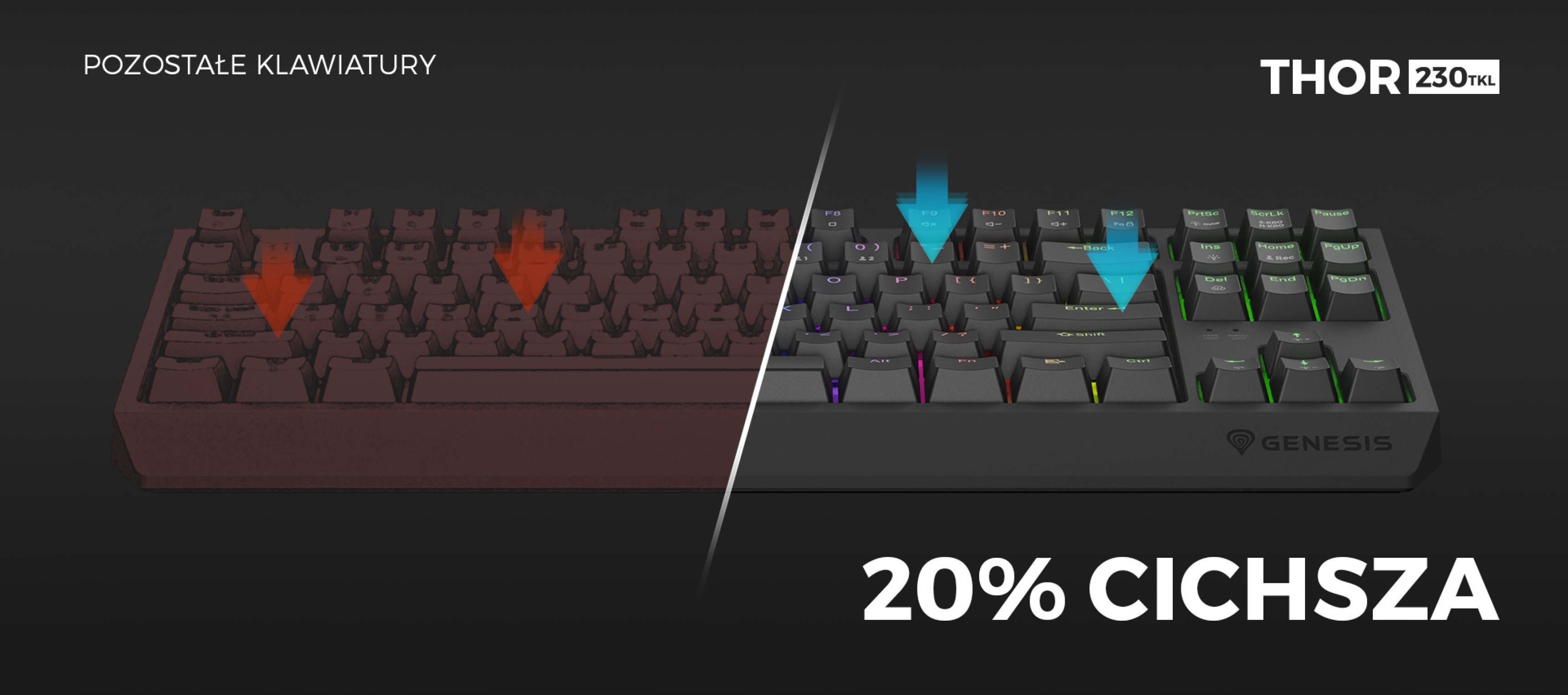 Vergleich einer mechanischen RGB-Tastatur mit einem leiseren Modell auf der rechten Seite, das mit "20% leiser" gekennzeichnet ist, und einem Standardmodell auf der linken Seite