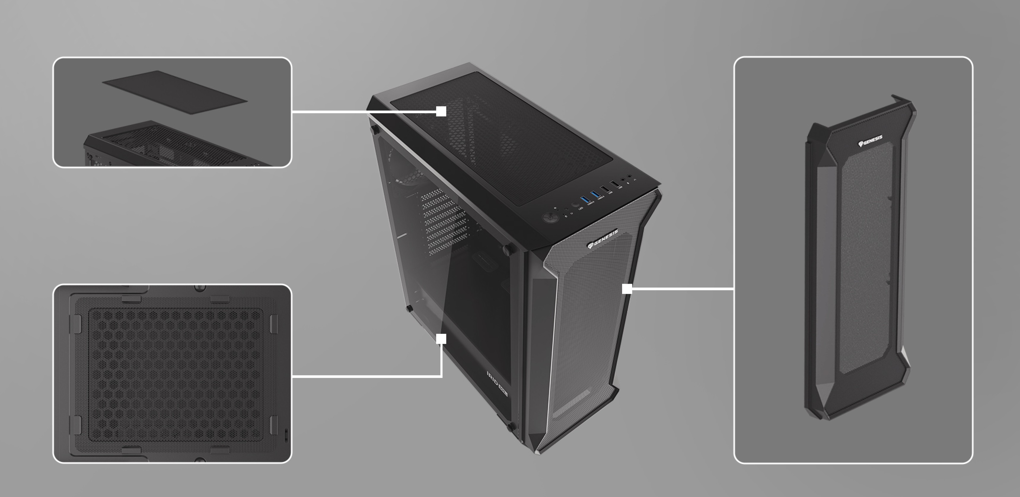 Schwarzes Genesis Irid 505 V2 MIDI-Tower-Gehäuse mit transparenter Seitenwand und hervorgehobenen Komponenten für die Montage