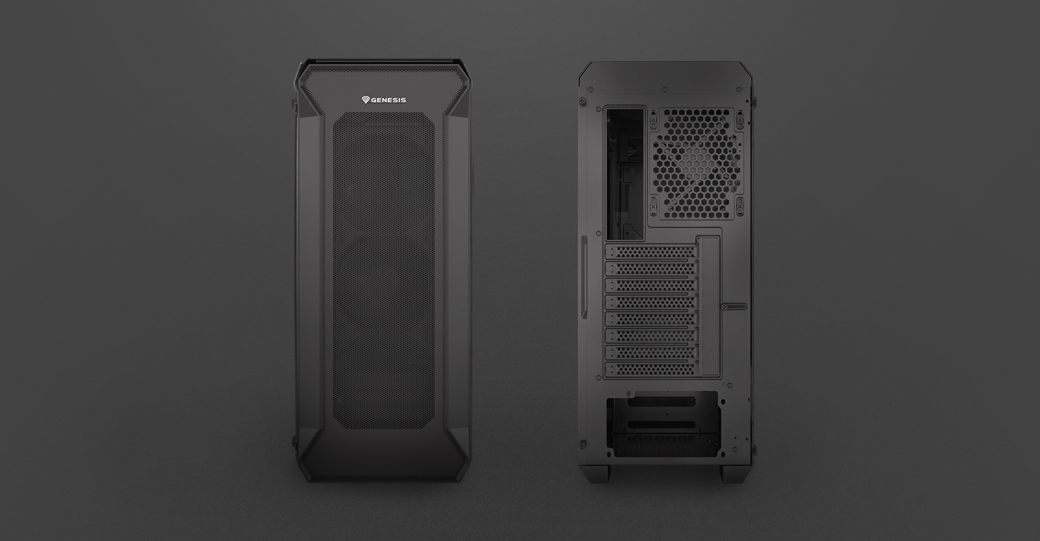 Schwarzes Genesis Irid 505 V2 MIDI Tower PC-Gehäuse mit transparenter Seitenwand und Lüftungsgittern
