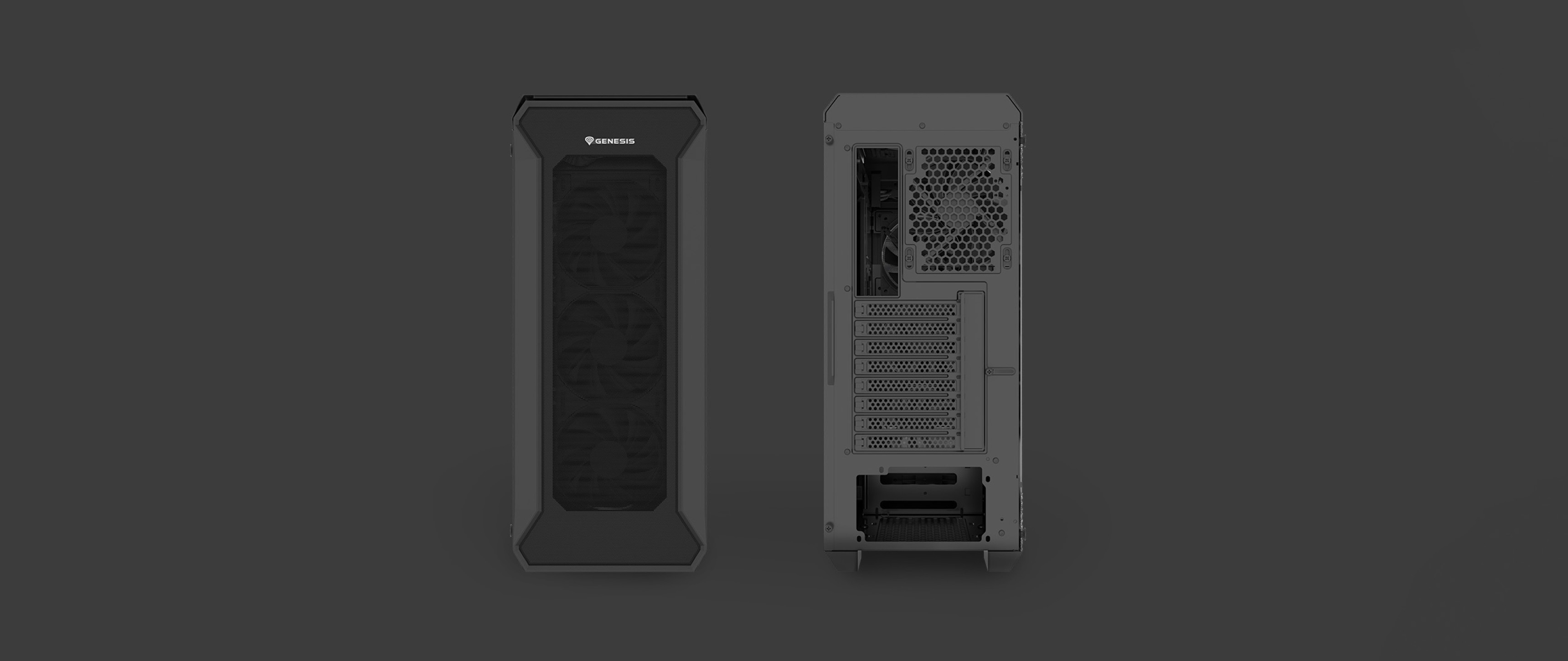 Schwarzes Genesis Irid 505F MIDI-Tower-Gehäuse mit transparenter Seitenwand und verschiedenen Anschlussmöglichkeiten auf der Rückseite