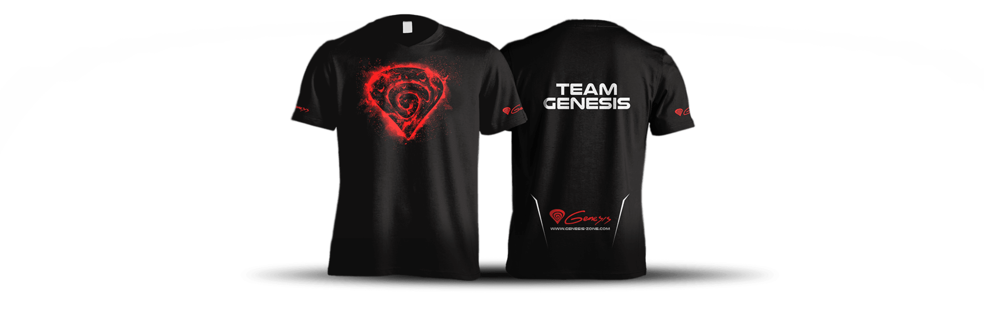 Schwarzes T-Shirt mit einem roten Bärenlogo auf der Vorderseite und dem Text "TEAM GENESIS" auf der Rückseite. Größe S