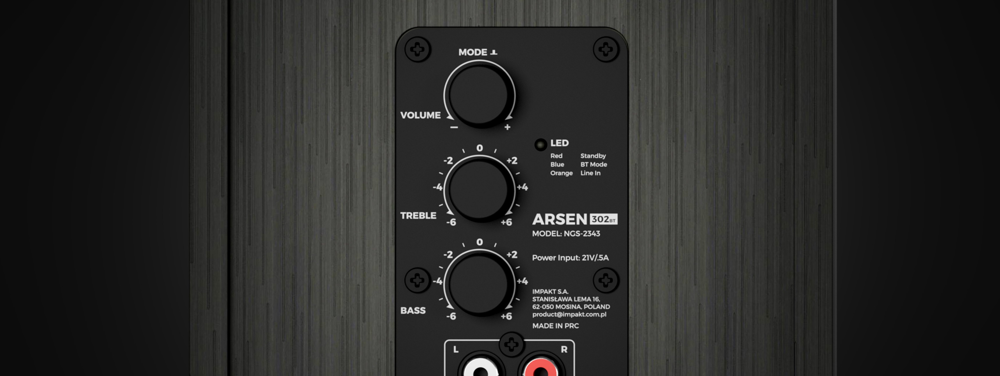 Bedienfeld des GŁOŚNIKI GENESIS ARSEN 302BT mit Reglern für Lautstärke, Höhen, Bass und Eingangsanschlüsse auf einer strukturierten schwarzen Oberfläche