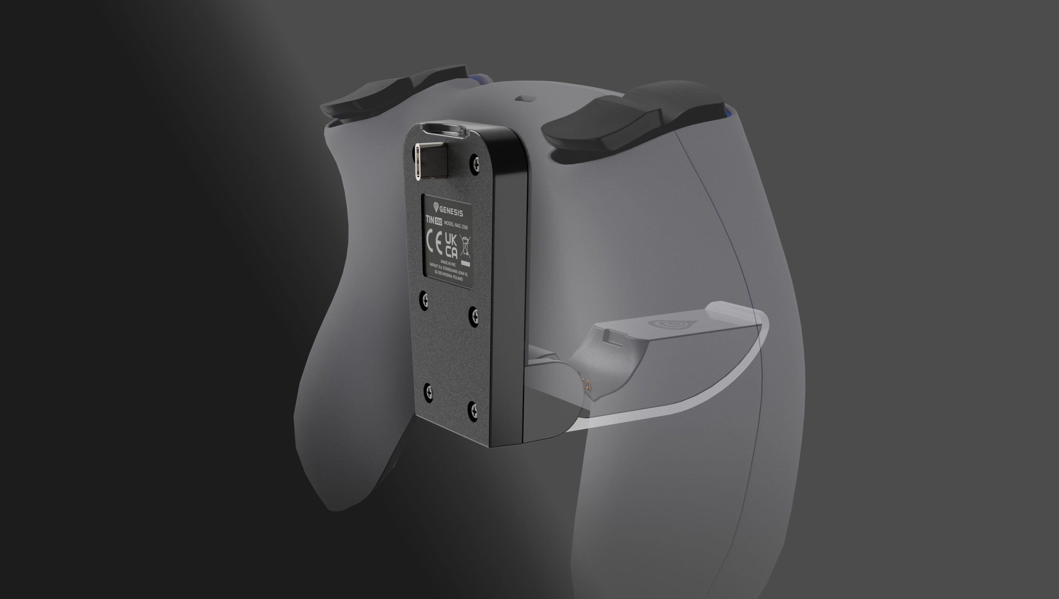 Ladegerät für den mit der PS5 kompatiblen Genesis Tin 300 Controller, mit Anschluss und Ausrichtung auf der Rückseite des Controllers