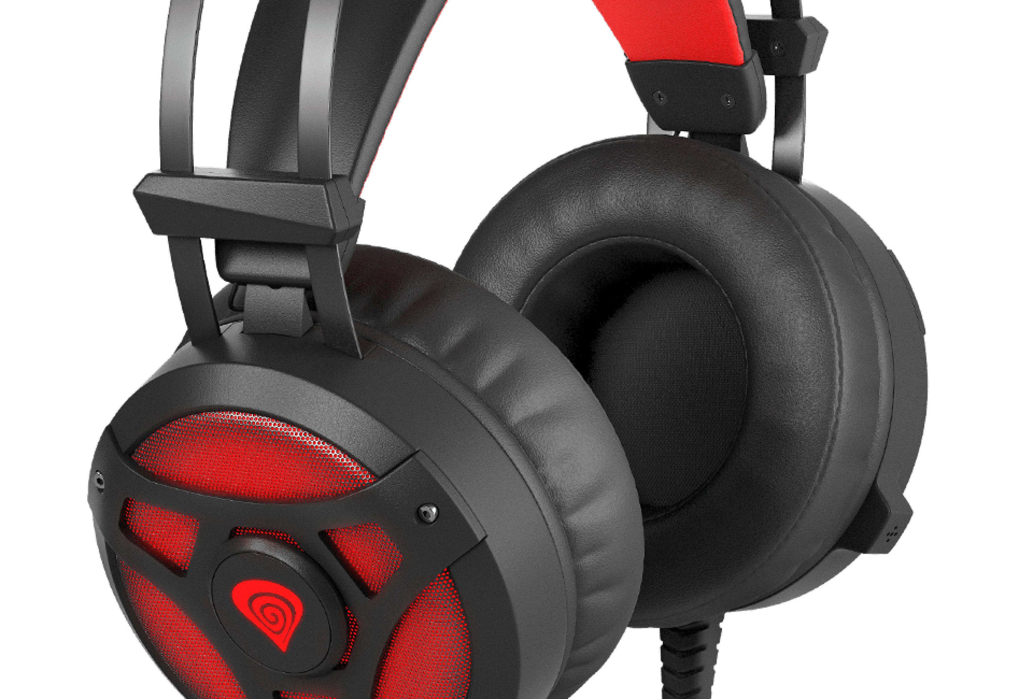 Schwarzer und roter Over-Ear-Kopfhörer mit Mikrofon und beleuchtetem Design, mit gepolsterten Ohrmuscheln für mehr Komfort