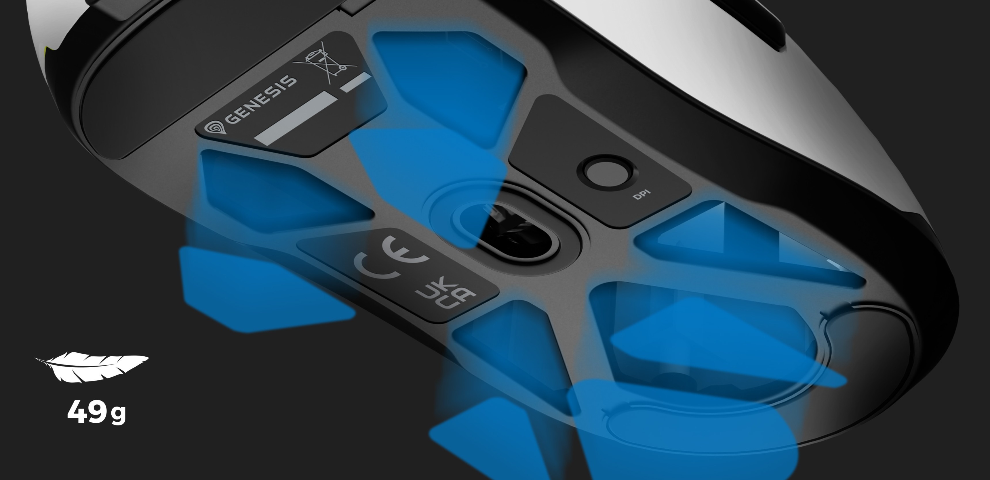 Unteransicht der Genesis Krypton 660 Gaming-Maus mit RGB-Beleuchtung, Tasten und Gleitpads, Gewicht 49 g