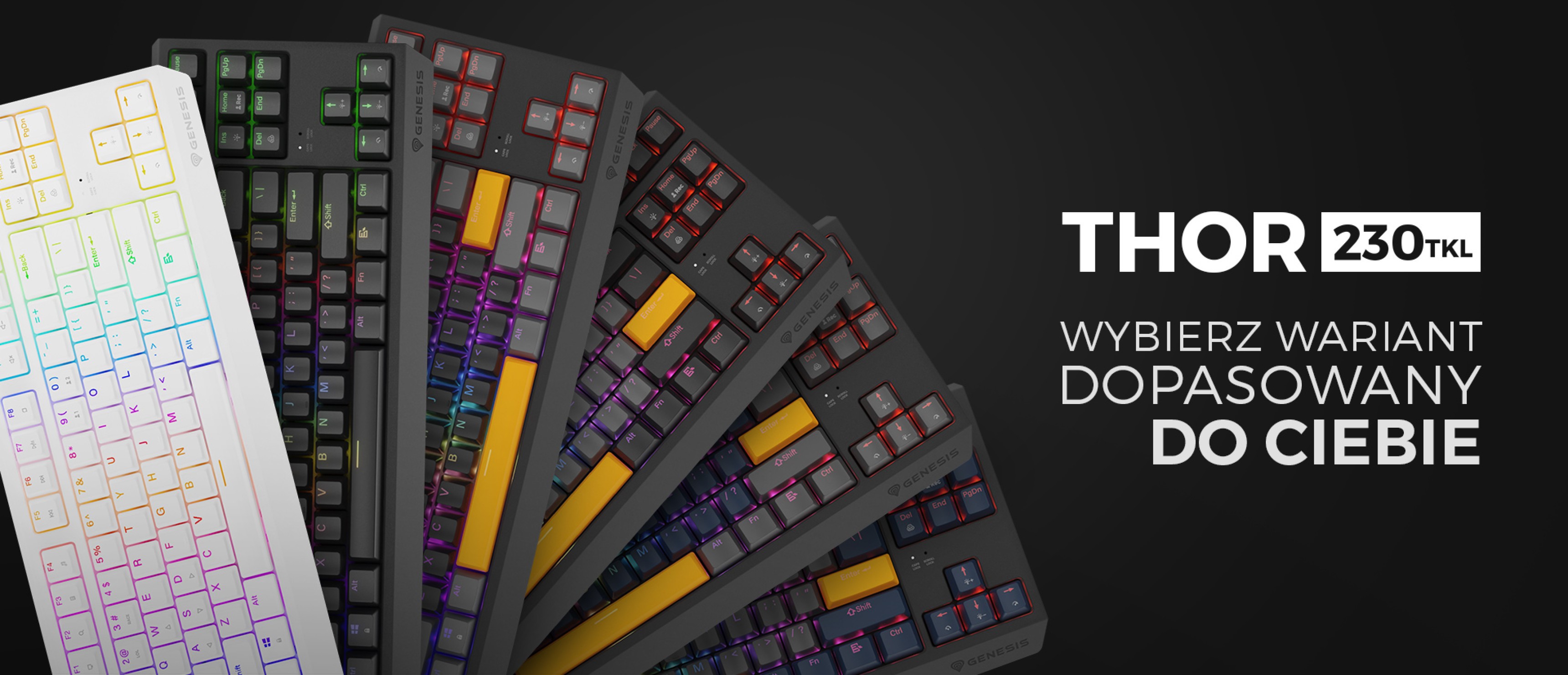 Kollektion von Genesis Thor 230 TKL mechanischen Tastaturen in verschiedenen Farben mit anpassbarer RGB-Beleuchtung