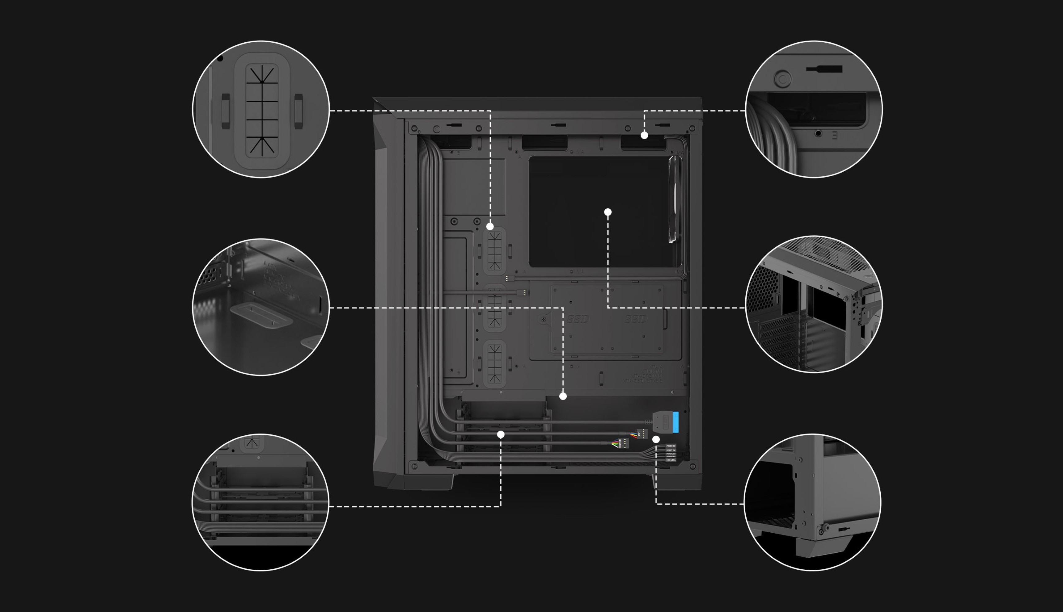 Schwarzes Genesis Irid 505F Midi-Tower-Gehäuse mit einem Seitenfenster, das das Innenleben und die Designmerkmale zeigt