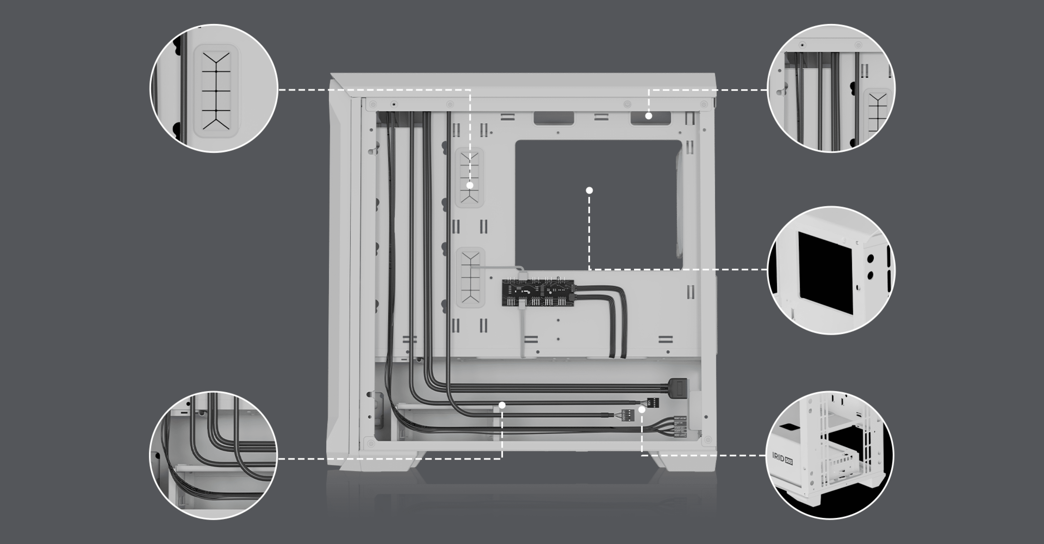 Das weiße Genesis Irid 503 ARGB Lite MATX Mini-Tower-Gehäuse bietet ein offenes Design mit Kabelmanagement-Optionen und einem großen Seitenfenster