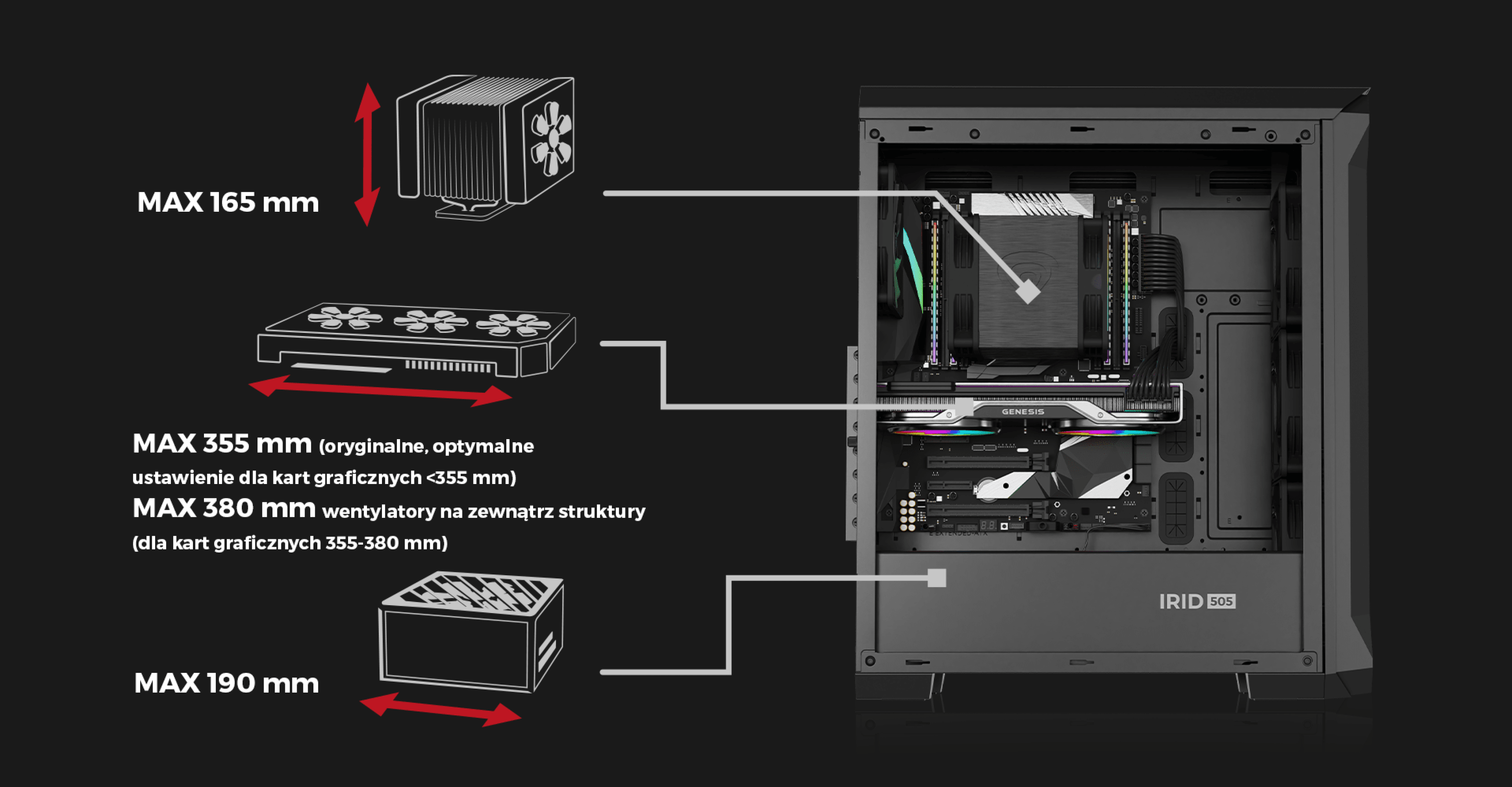 Schwarzes Genesis Irid 505 ARGB V2 Midi-Tower-Gehäuse mit skizzierten maximalen Komponentengrößen für Kühlung und Grafikkarten