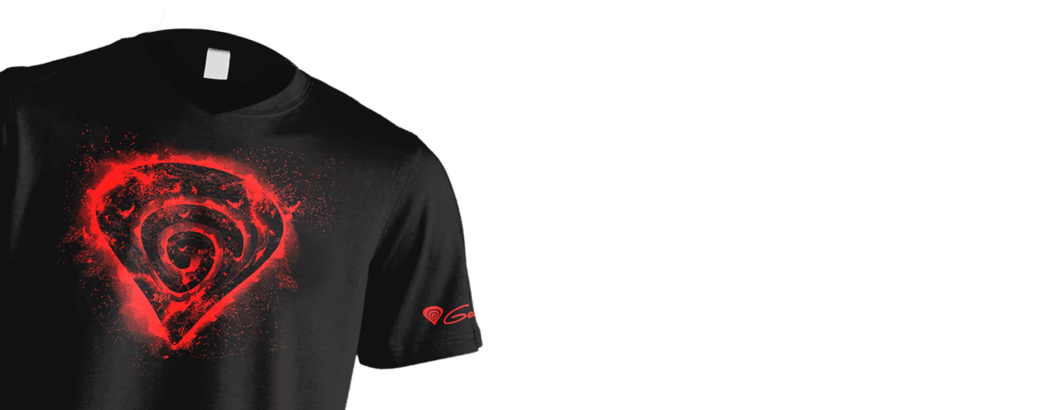 Schwarzes T-Shirt mit leuchtend rotem Wirbelmuster auf der Vorderseite, Größe S
