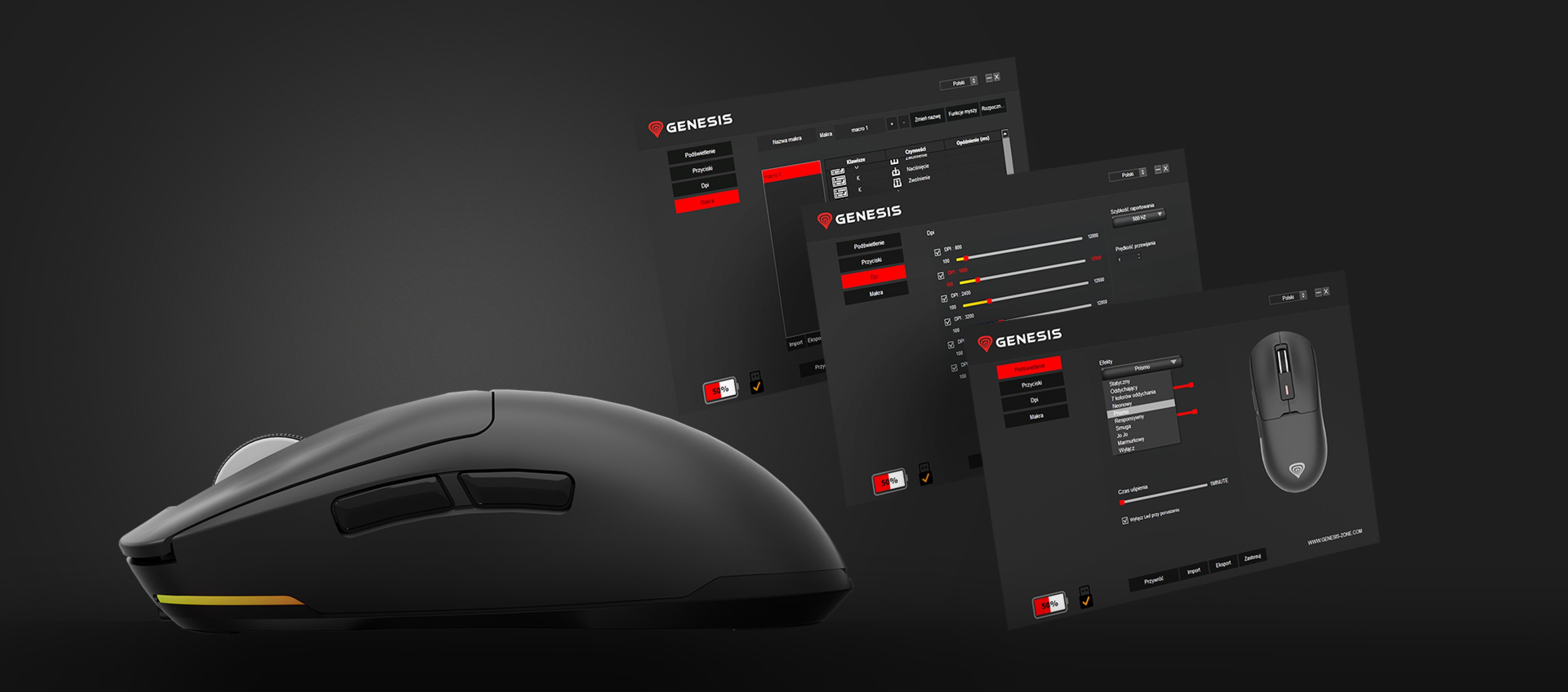 Kabellose Gaming-Maus Genesis Zircon 660, mit anpassbaren Einstellungen auf schwarzem Hintergrund und Software-Oberfläche
