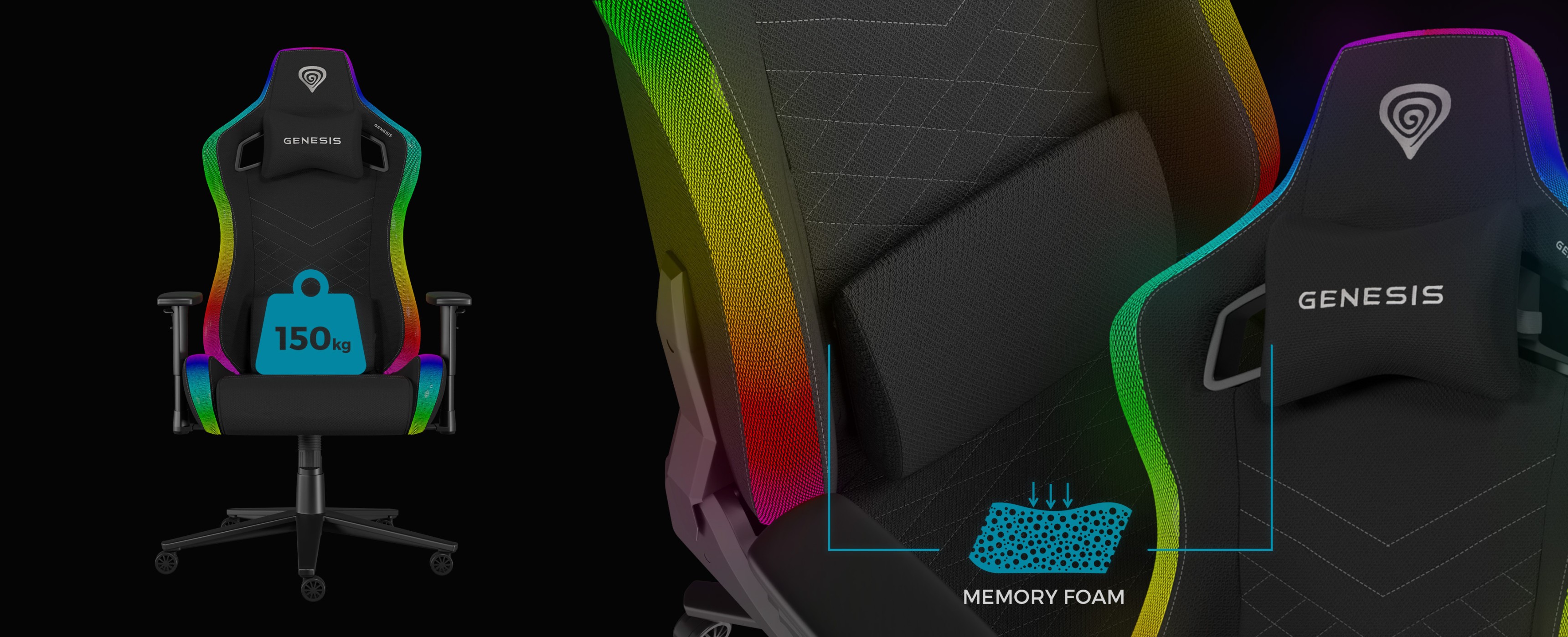Schwarzer Gaming-Stuhl mit RGB-Beleuchtung, Memory-Schaumstoff-Unterstützung und einer Gewichtskapazität von 150 kg